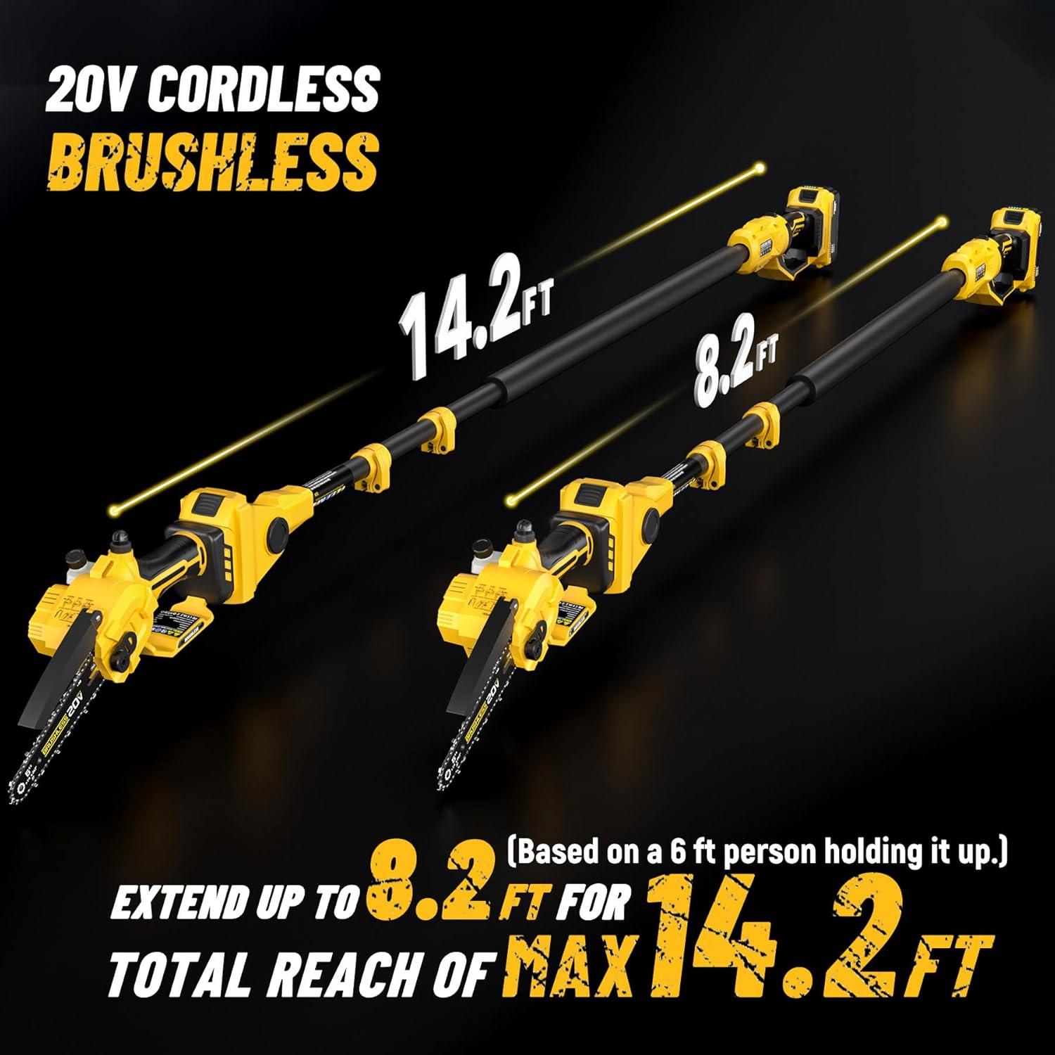 2-in-1 Cordless 6 Inch Pole Saw & Mini Chainsaw, 20V MAX* 3.0 Ah Battery Powered Chain Saw, Brushless Motor, Lightweight (7.1 lbs), 14.2 FT Max Reach Pole Saw for Tree Trimming, Wood Cutting