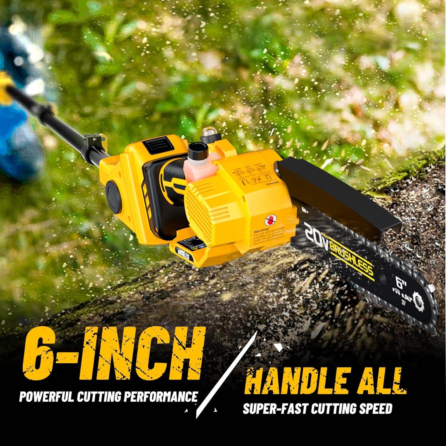 2-in-1 Cordless 6 Inch Pole Saw & Mini Chainsaw, 20V MAX* 3.0 Ah Battery Powered Chain Saw, Brushless Motor, Lightweight (7.1 lbs), 14.2 FT Max Reach Pole Saw for Tree Trimming, Wood Cutting