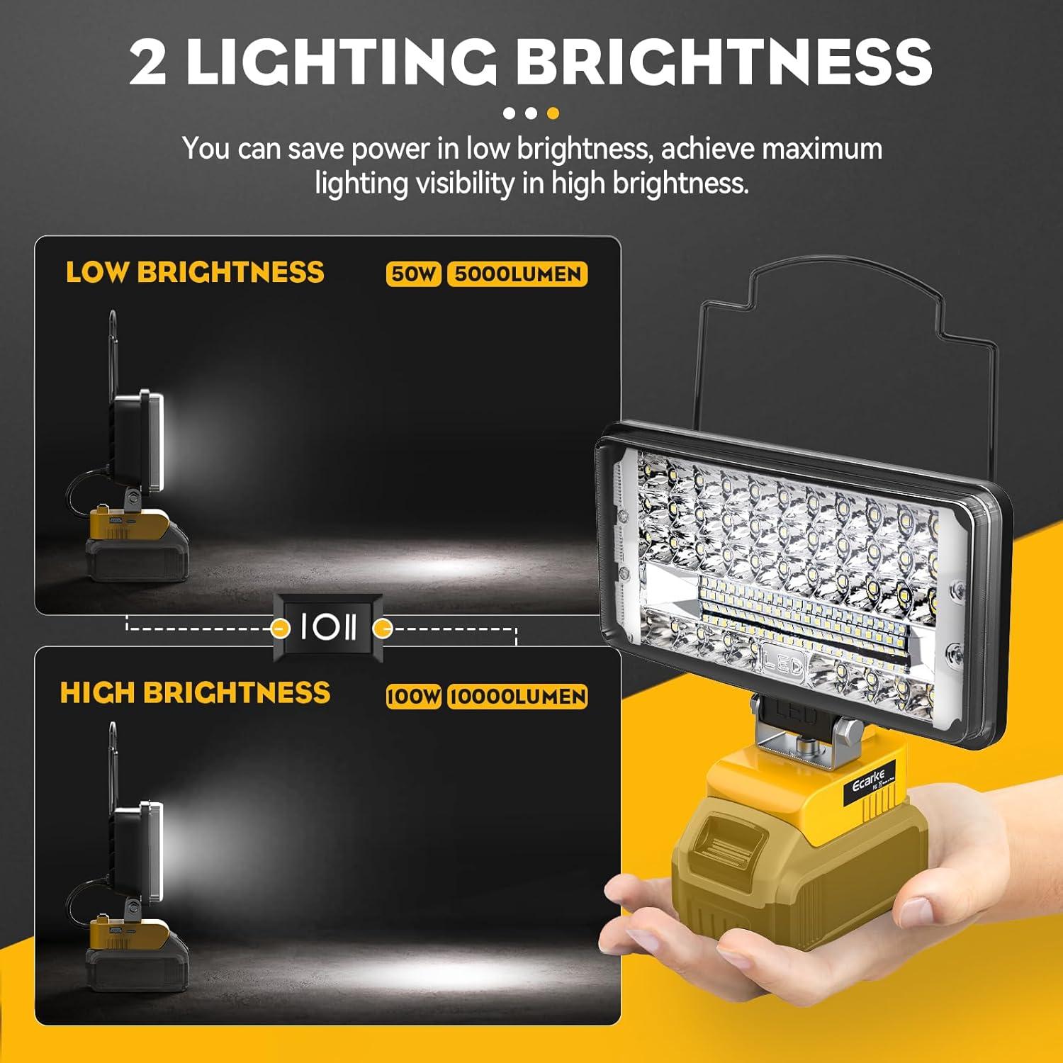 Led Work Light for DeWALT 20V: Ecarke Bright Led Flood Light - 100W 10000LM Cordless Work Light with Low Voltage Protect for Car Repairing,Inspection Job Site&Security Lighting,Outdoor Camping