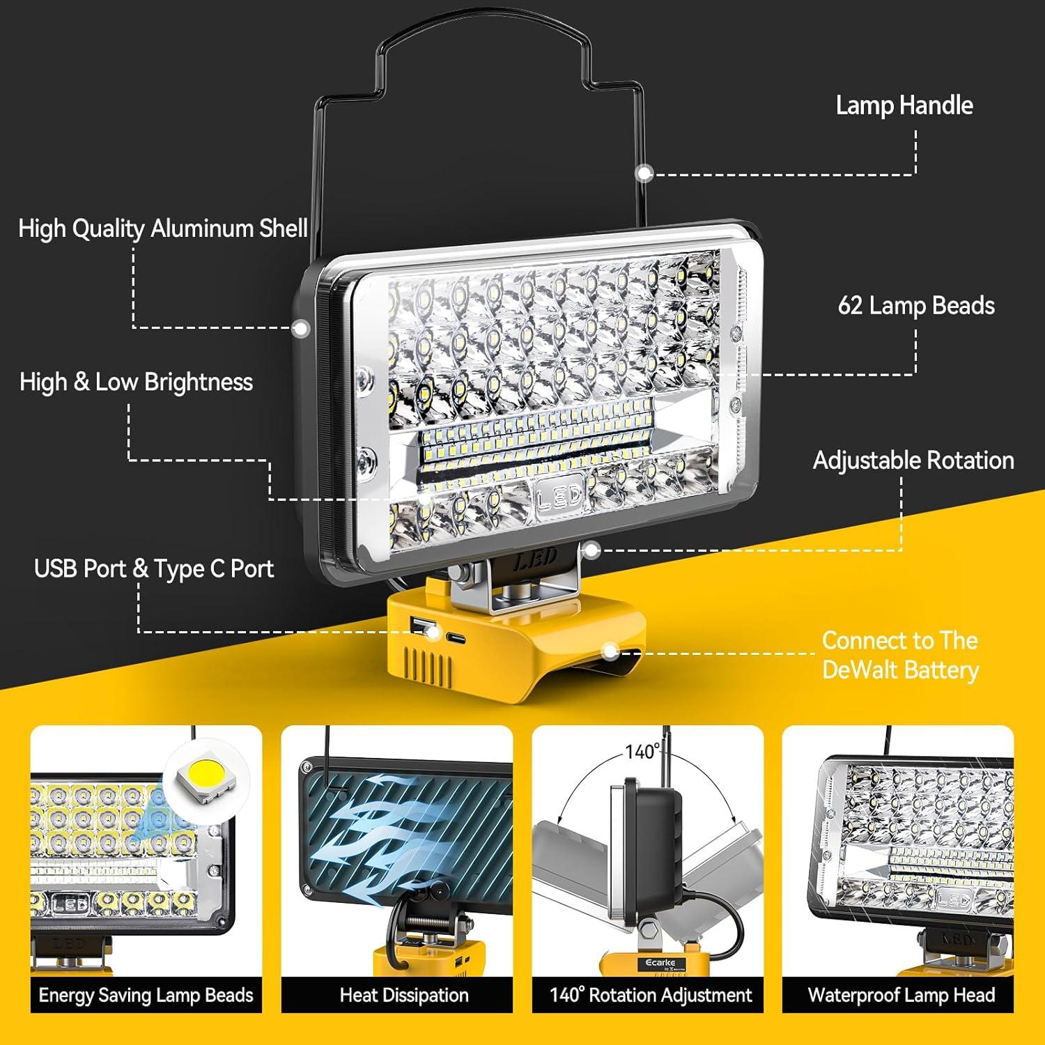 Led Work Light for DeWALT 20V: Ecarke Bright Led Flood Light - 100W 10000LM Cordless Work Light with Low Voltage Protect for Car Repairing,Inspection Job Site&Security Lighting,Outdoor Camping