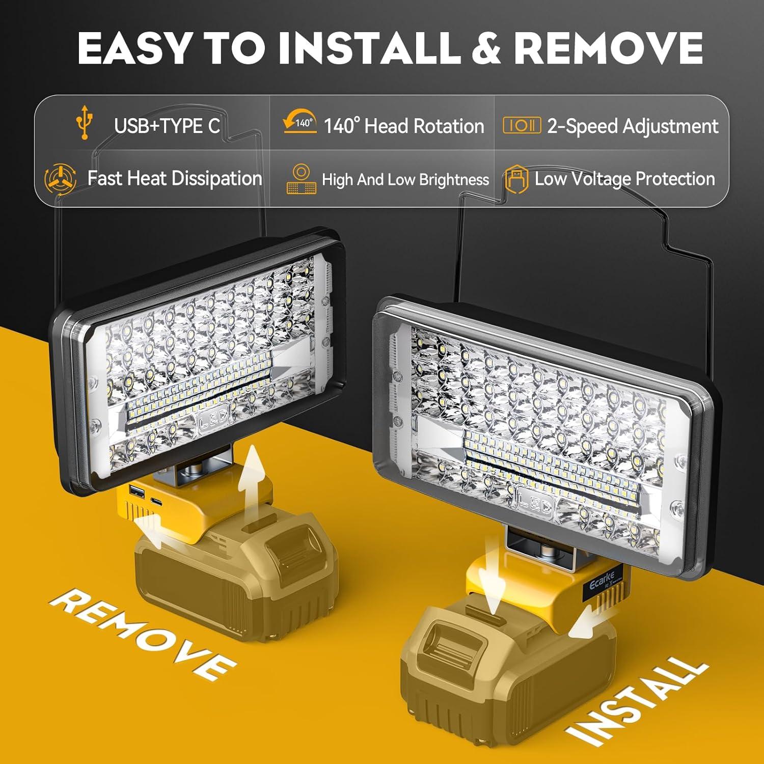 Led Work Light for DeWALT 20V: Ecarke Bright Led Flood Light - 100W 10000LM Cordless Work Light with Low Voltage Protect for Car Repairing,Inspection Job Site&Security Lighting,Outdoor Camping