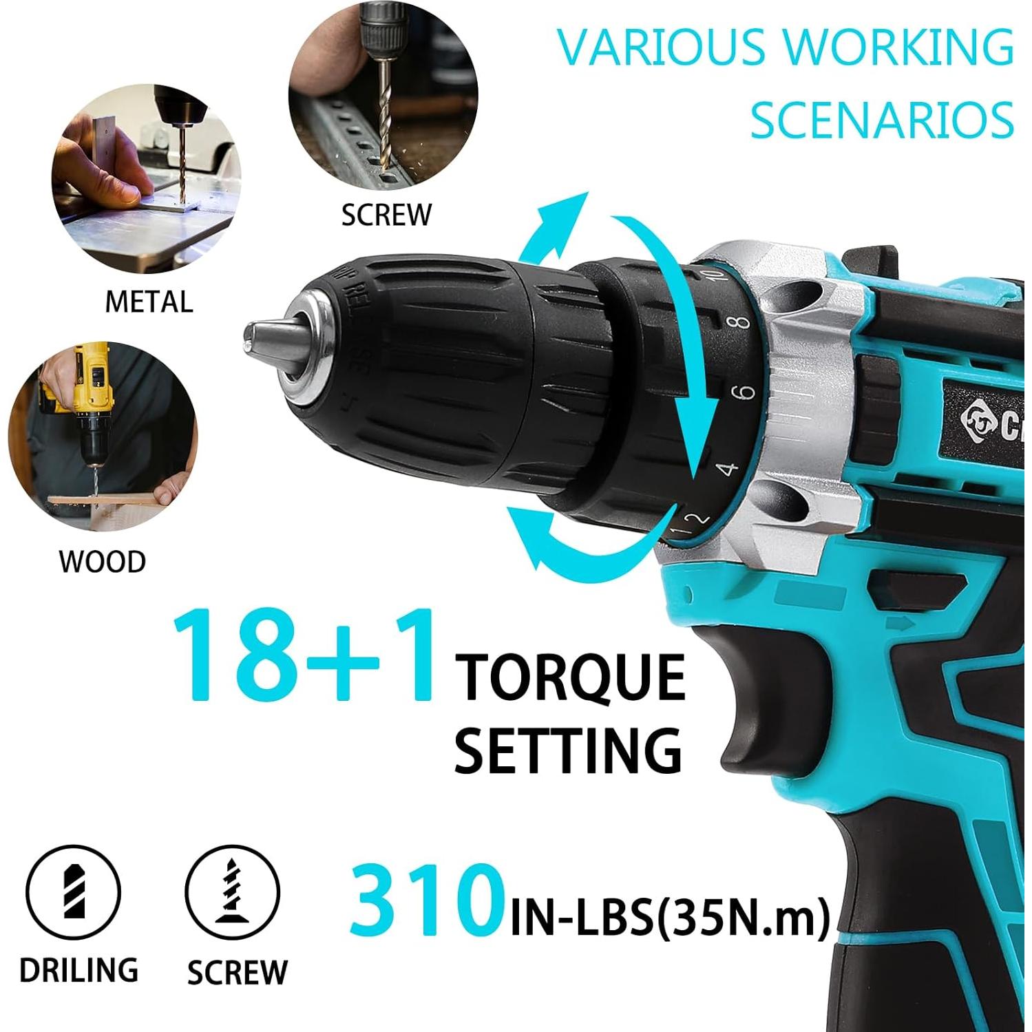 Taladro Inalámbrico 21V Creddux con 84 Accesorios y Cargador