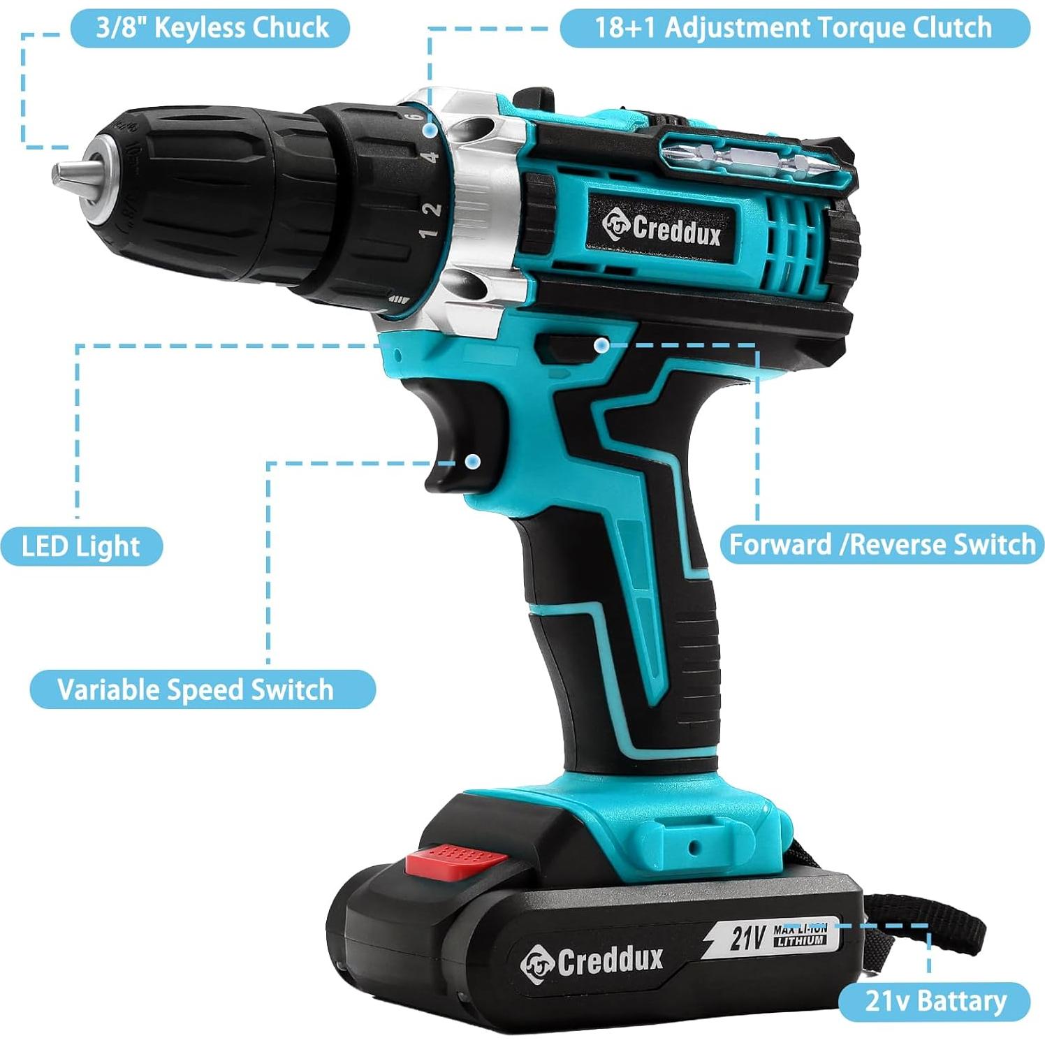 Taladro Inalámbrico 21V Creddux con 84 Accesorios y Cargador