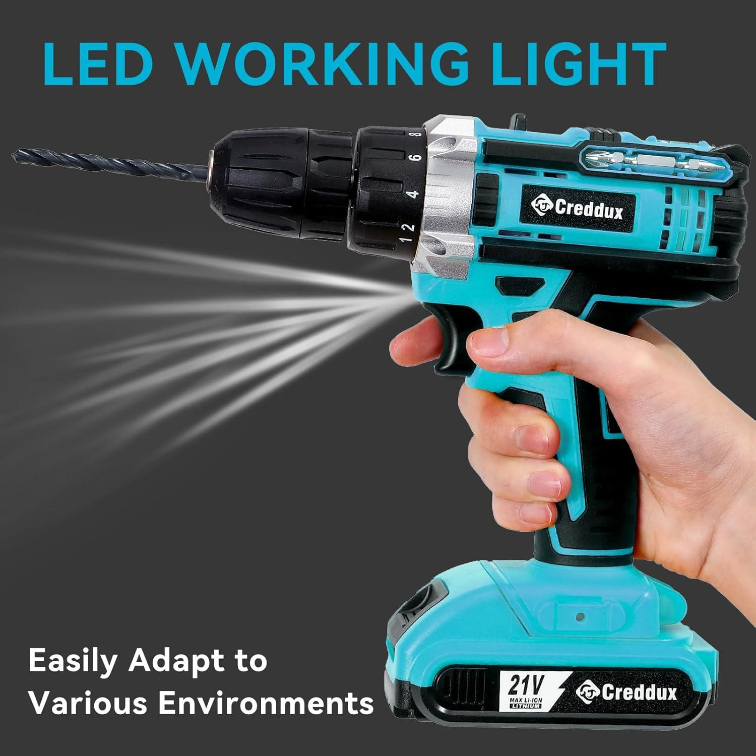 Taladro Inalámbrico 21V Creddux con 84 Accesorios y Cargador