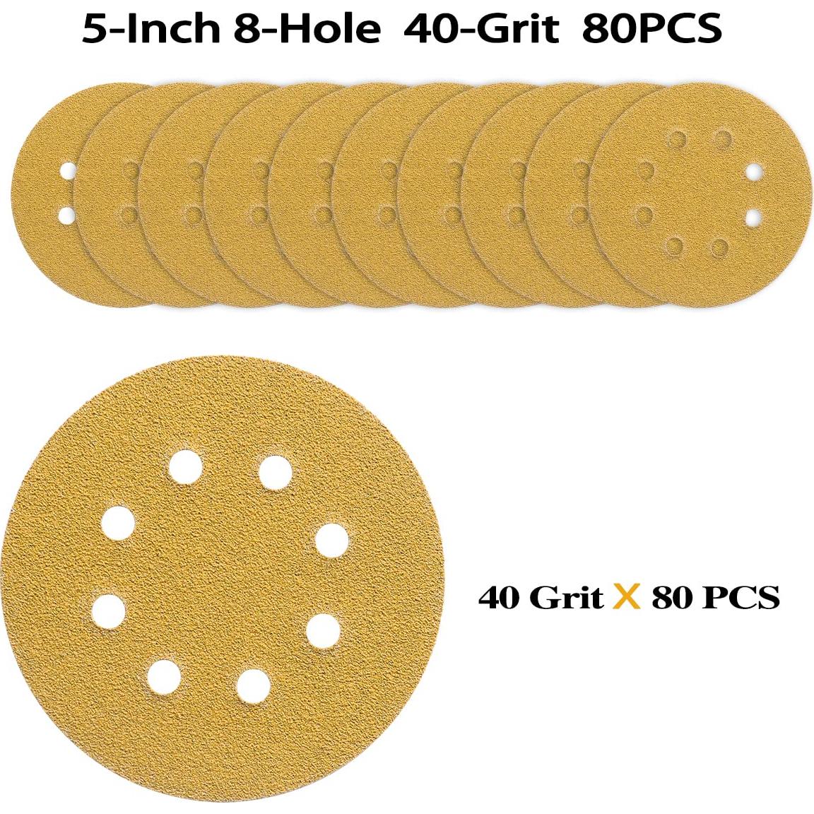 80PCS 5 Inch 8 Hole Sanding Discs 40 Grit,Gold Round Hook and Loop Sandpaper for Random Orbital Sander