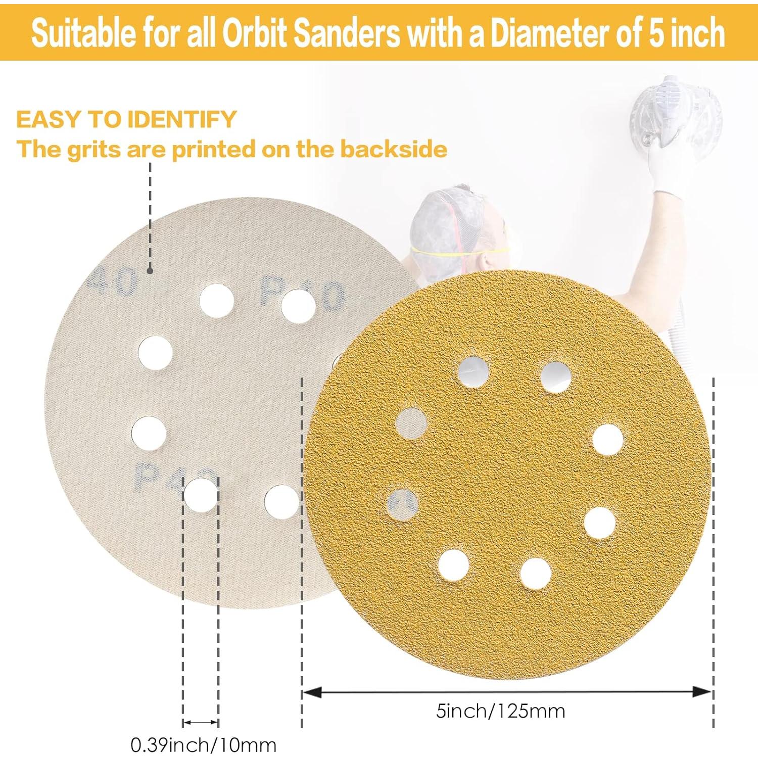 80PCS 5 Inch 8 Hole Sanding Discs 40 Grit,Gold Round Hook and Loop Sandpaper for Random Orbital Sander