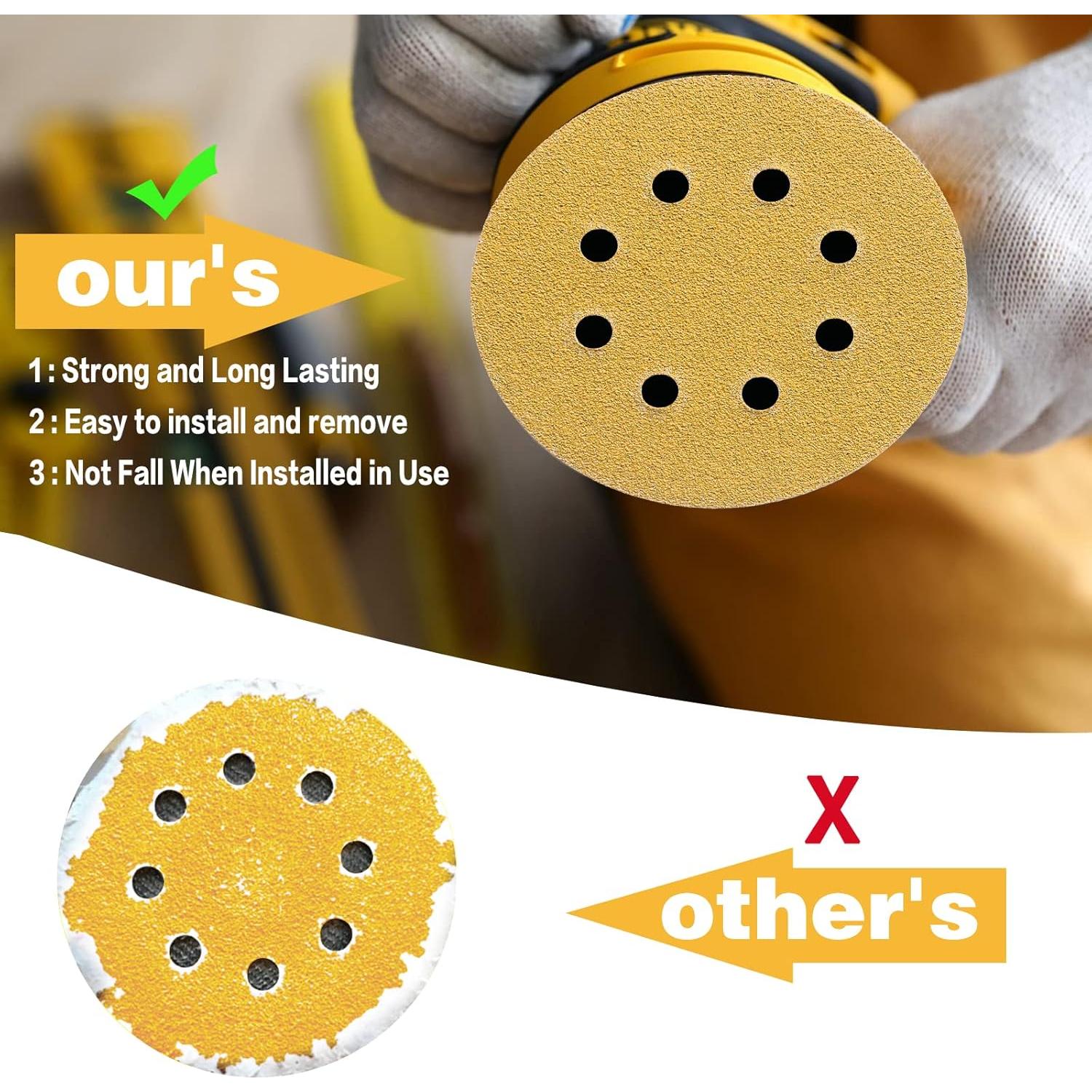 80PCS 5 Inch 8 Hole Sanding Discs 40 Grit,Gold Round Hook and Loop Sandpaper for Random Orbital Sander