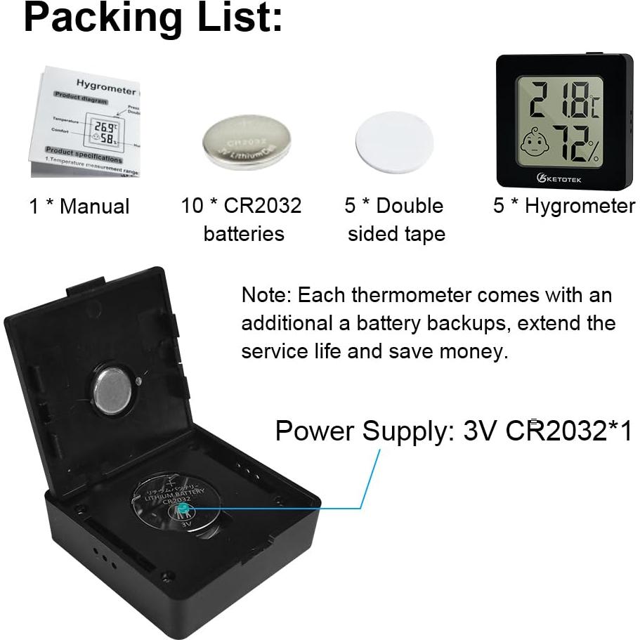 Paquete de 5 Higrómetros Digitales KETOTEK con Termómetro Interior