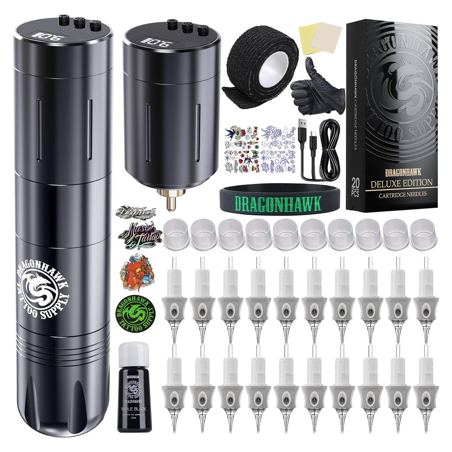 Kit de Tatuaje Inalámbrico Dragonhawk Pro con 2 Baterías y 20 Agujas