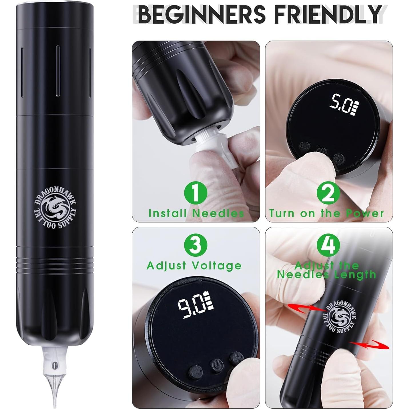 Kit de Tatuaje Inalámbrico Dragonhawk Pro con 2 Baterías y 20 Agujas