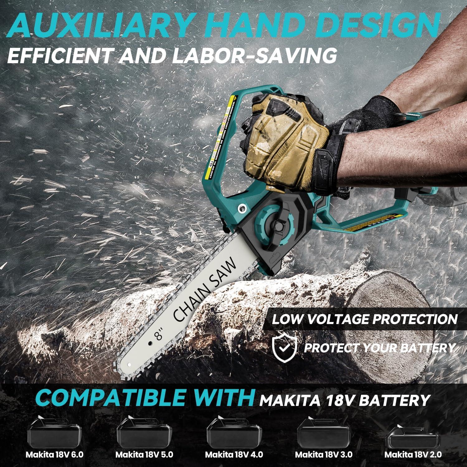 Mini Chainsaw for Makita 18V Battery, 8-Inch and 6-Inch 2-IN-1 Cordless Electric Chain saw with Brushless Motor and Auto-Oiler, 800W Hand Mini Chainsaw for Tree Pruning Wood Cutting(No Battery)