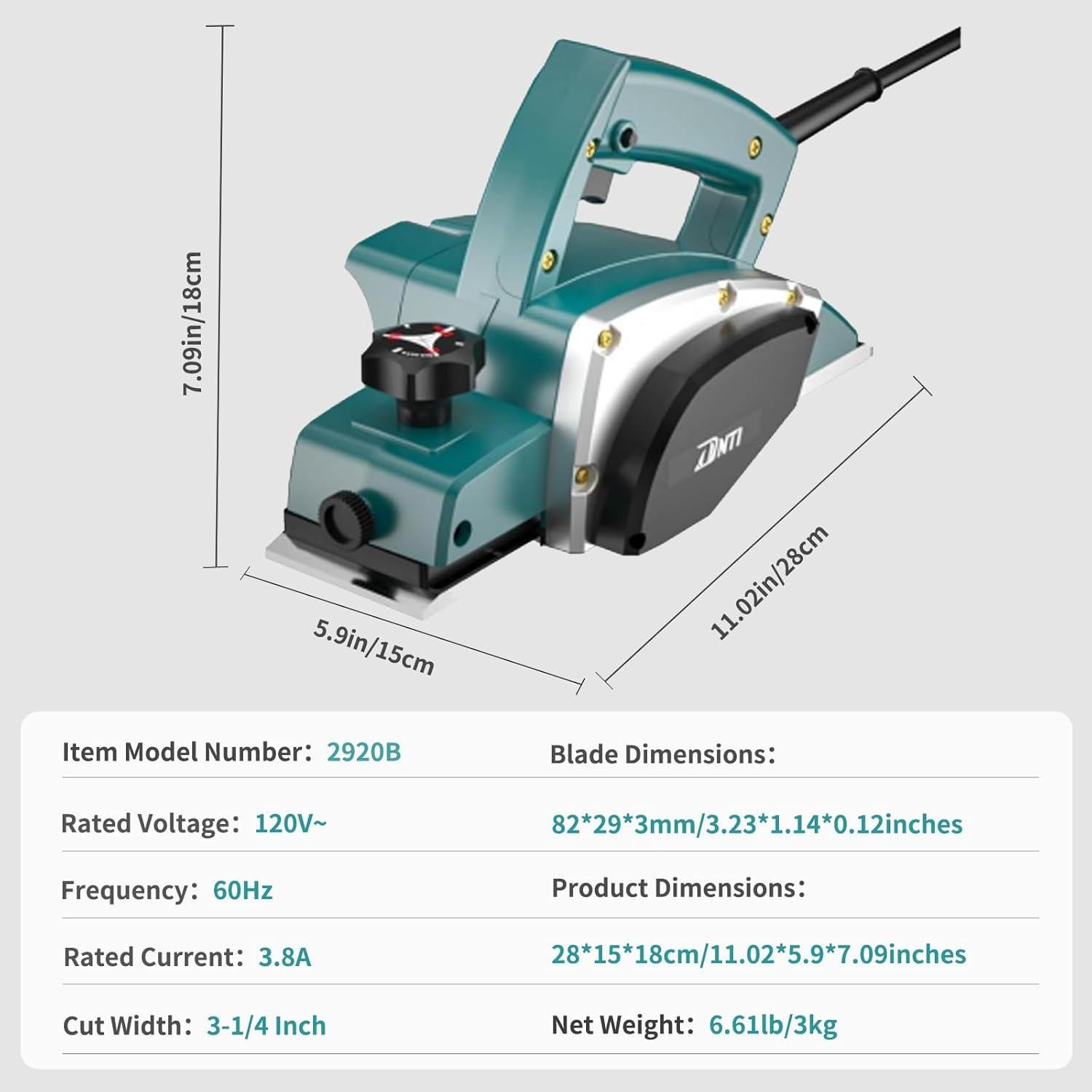 Cepillo eléctrico DNTI 2920B 3.8A 82mm 15000RPM para madera