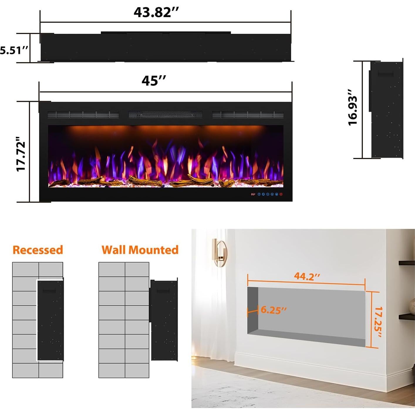 Chimenea Eléctrica Empotrada Mystflame 114 cm con Control Remoto