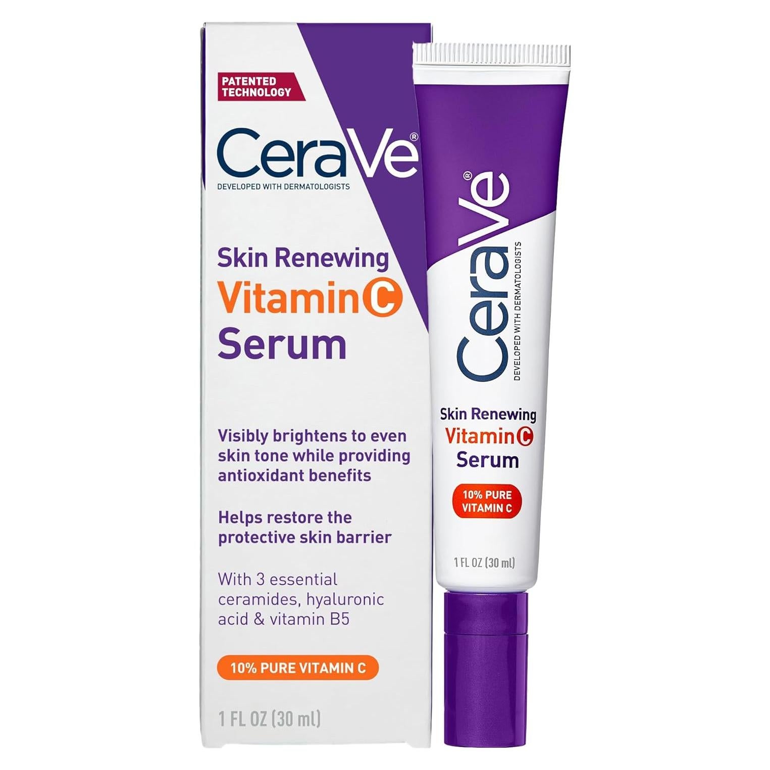 CeraVe Vitamin C Serum with Hyaluronic Acid, Skin Brightening Serum for Face with 10% Pure Vitamin C, Fragrance Free, 1 Fl. Oz