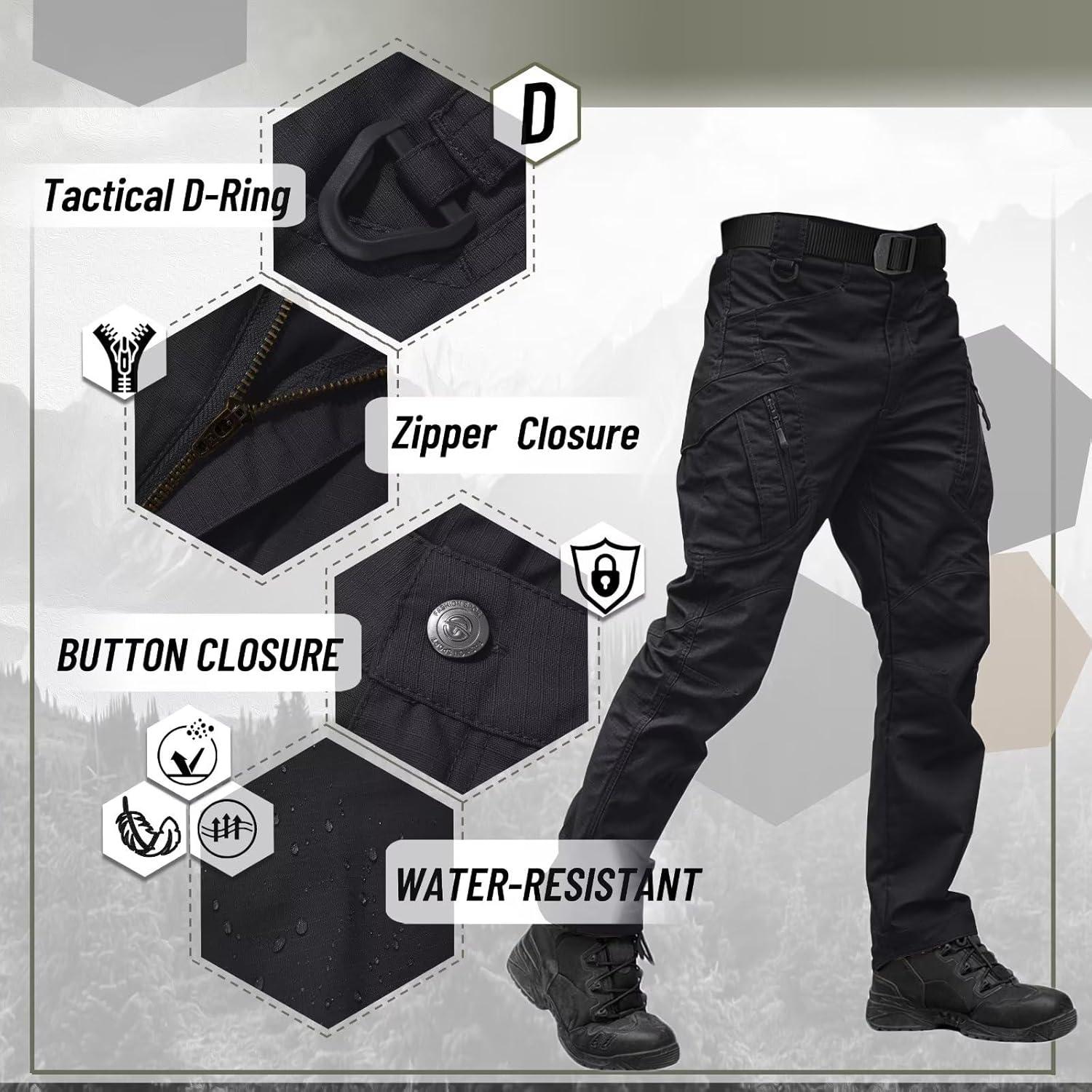 Pantalones Tácticos TACVASEN Hombre 9 Bolsillos Ligeros Negro