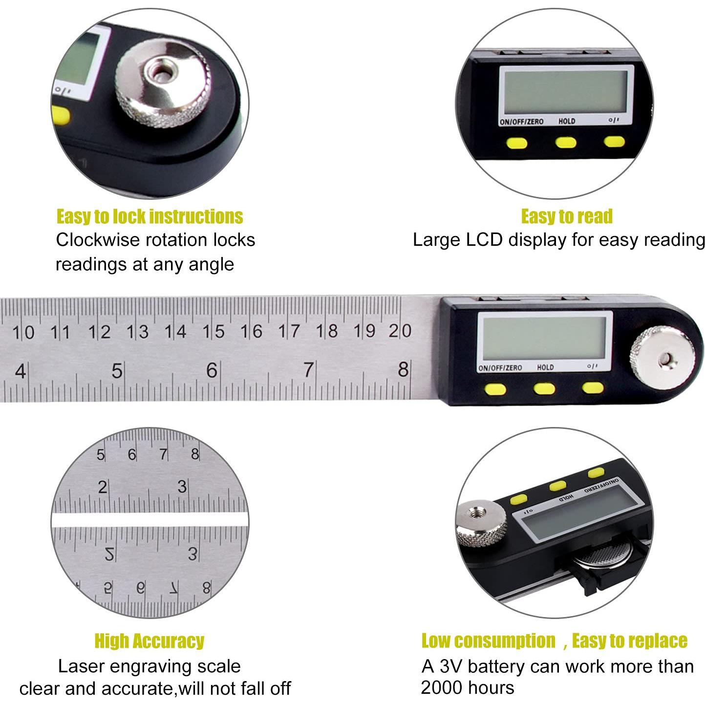 Regla Digital de Ángulo Saili 200mm Acero Inoxidable