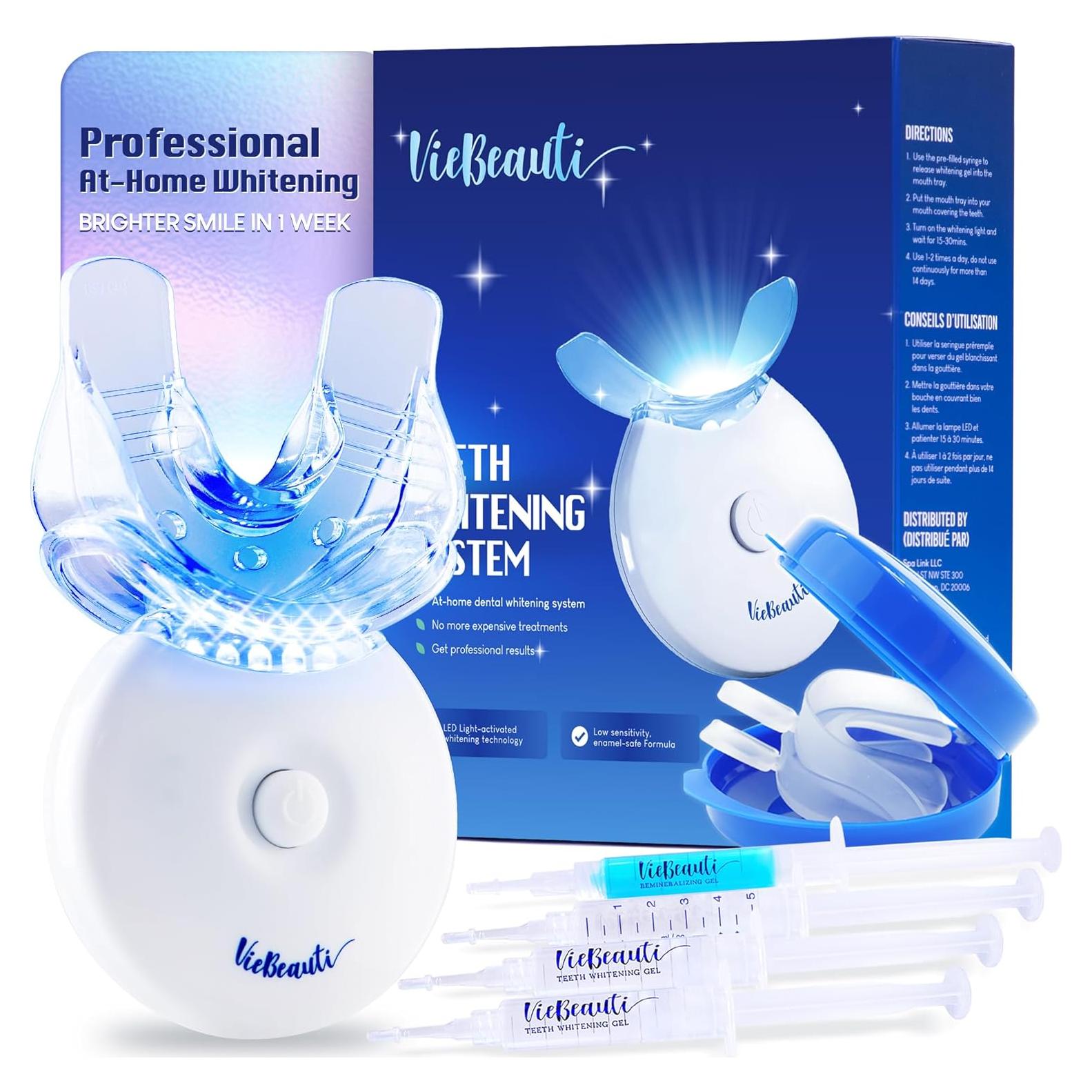VieBeauti Teeth Whitening Kit with LED Light: Tooth Whitener with 35% Carbamide Peroxide, Remineralizing Gel, Mouth Trays and Tray Case - 10-Minute Timer Enhances Minty Fresh White Smile Mint