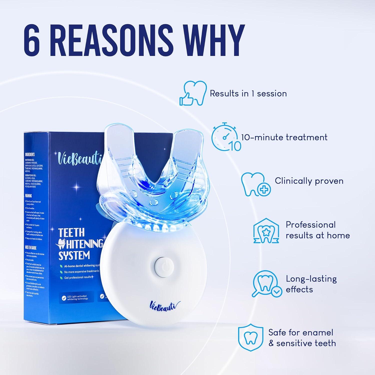 VieBeauti Teeth Whitening Kit with LED Light: Tooth Whitener with 35% Carbamide Peroxide, Remineralizing Gel, Mouth Trays and Tray Case - 10-Minute Timer Enhances Minty Fresh White Smile Mint