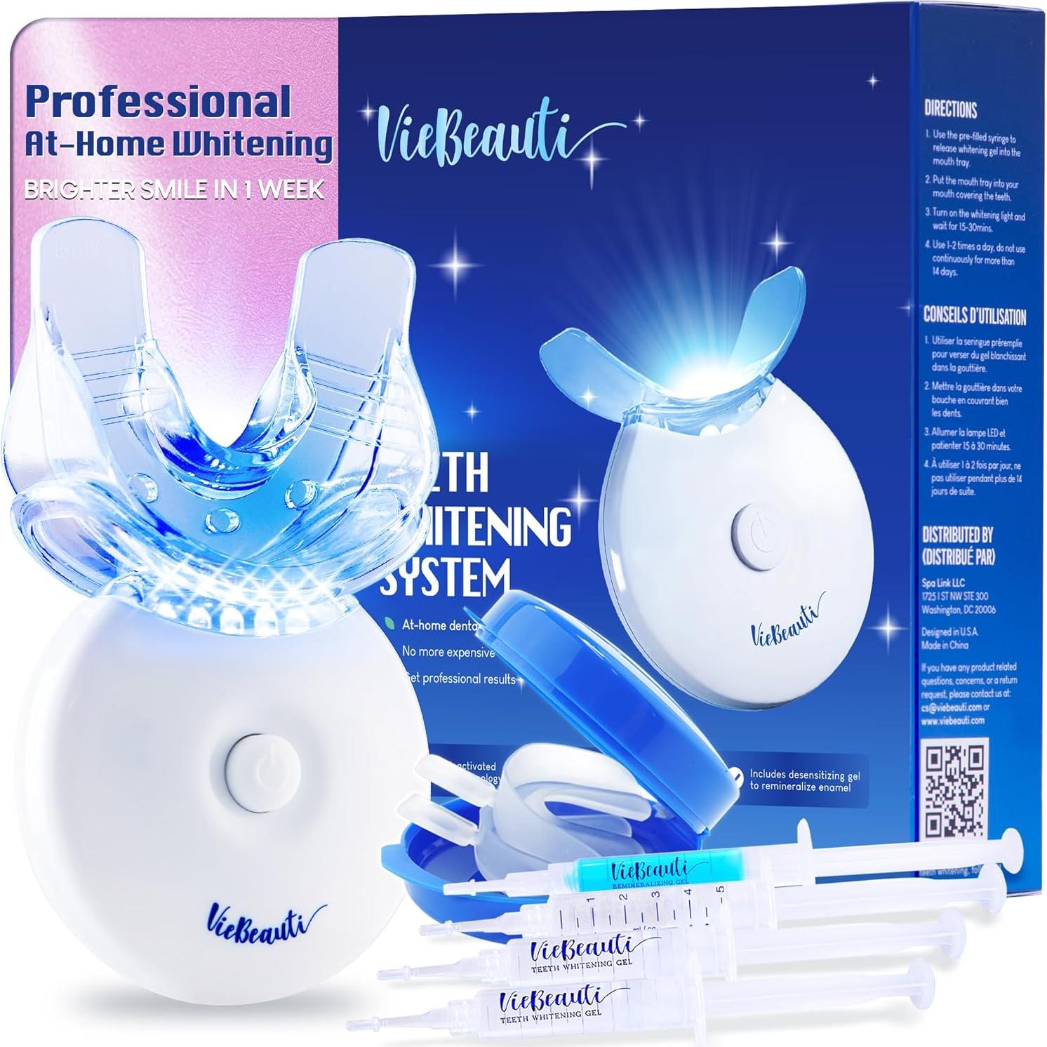 VieBeauti Teeth Whitening Kit with LED Light: Tooth Whitener with 35% Carbamide Peroxide, Remineralizing Gel, Mouth Trays and Tray Case - 10-Minute Timer Enhances Minty Fresh White Smile Mint