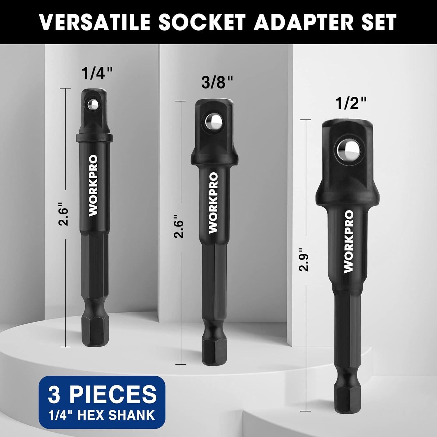 WORKPRO Juego de Adaptadores de Enchufe 3 Piezas 1/4 3/8 1/2 Pulgada