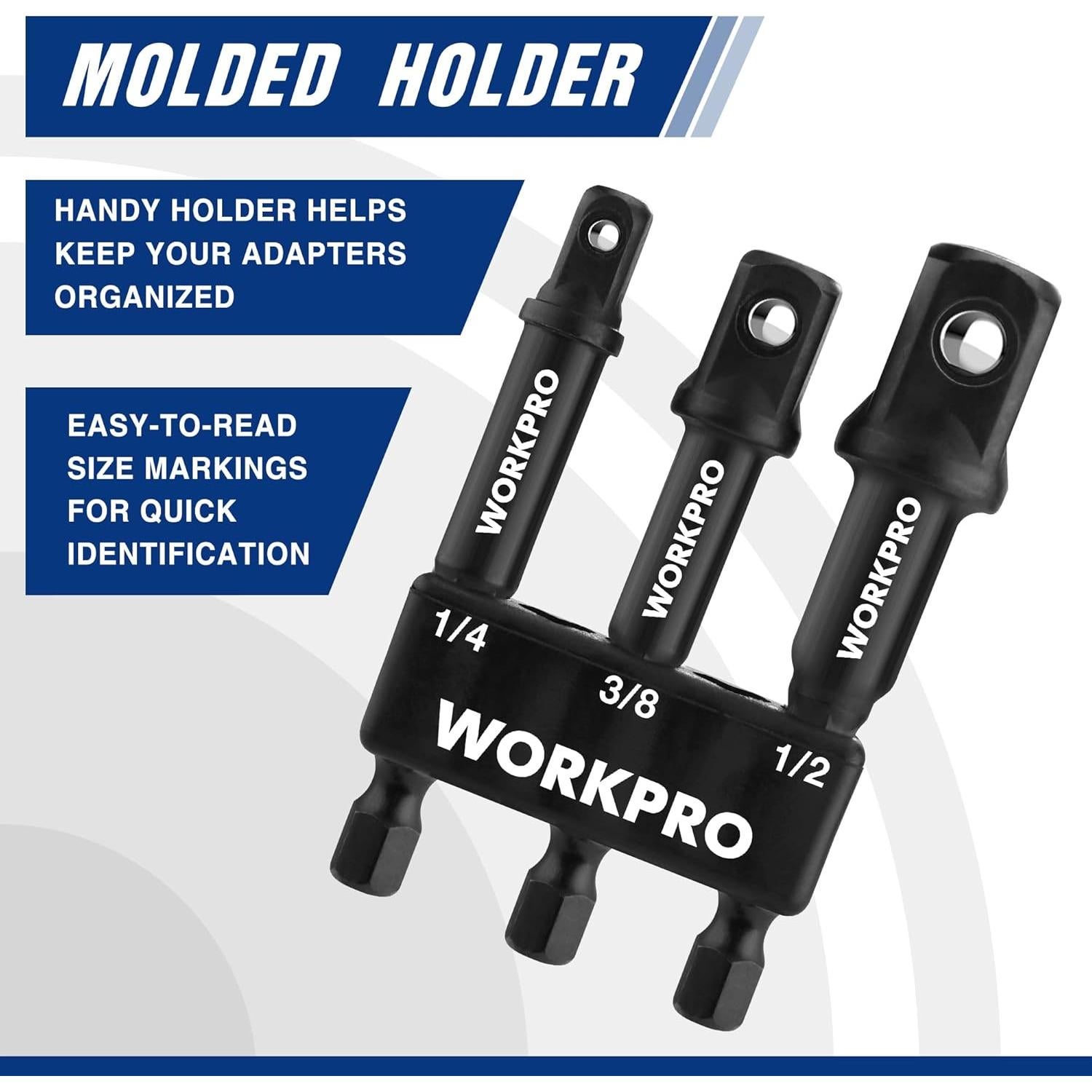 WORKPRO Juego de Adaptadores de Enchufe 3 Piezas 1/4 3/8 1/2 Pulgada