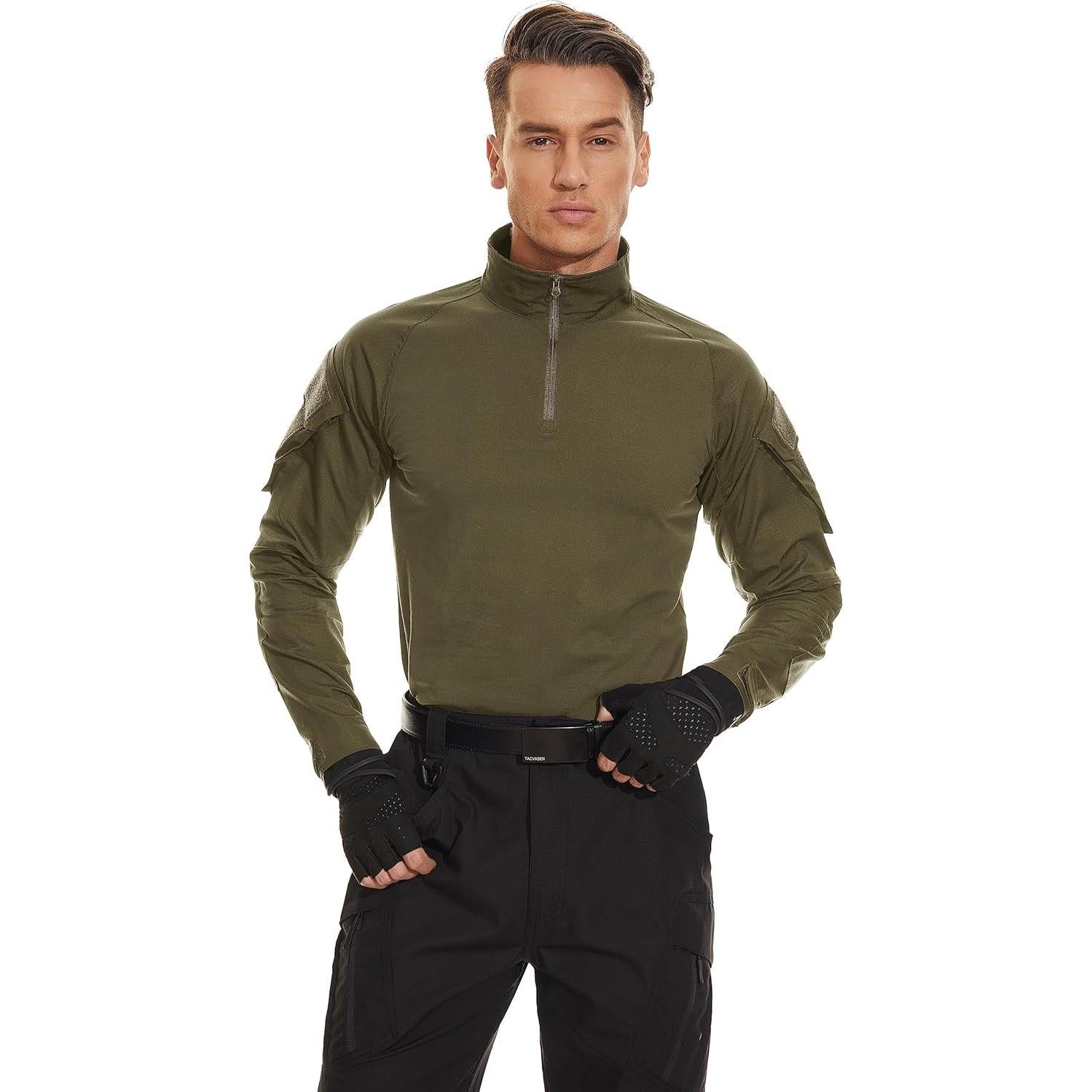 Camisa Táctica para Hombre TACVASEN Verde Ejército 1/4 Cremallera