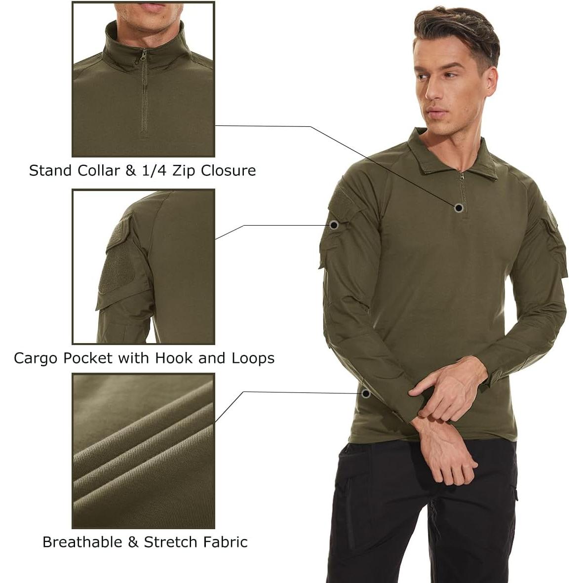 Camisa Táctica para Hombre TACVASEN Verde Ejército 1/4 Cremallera