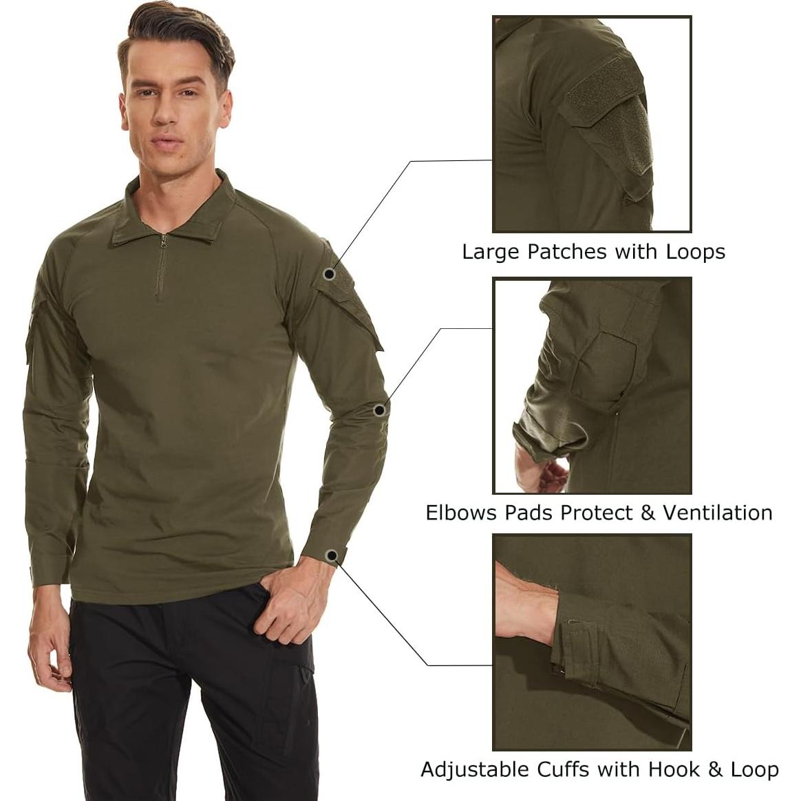 Camisa Táctica para Hombre TACVASEN Verde Ejército 1/4 Cremallera