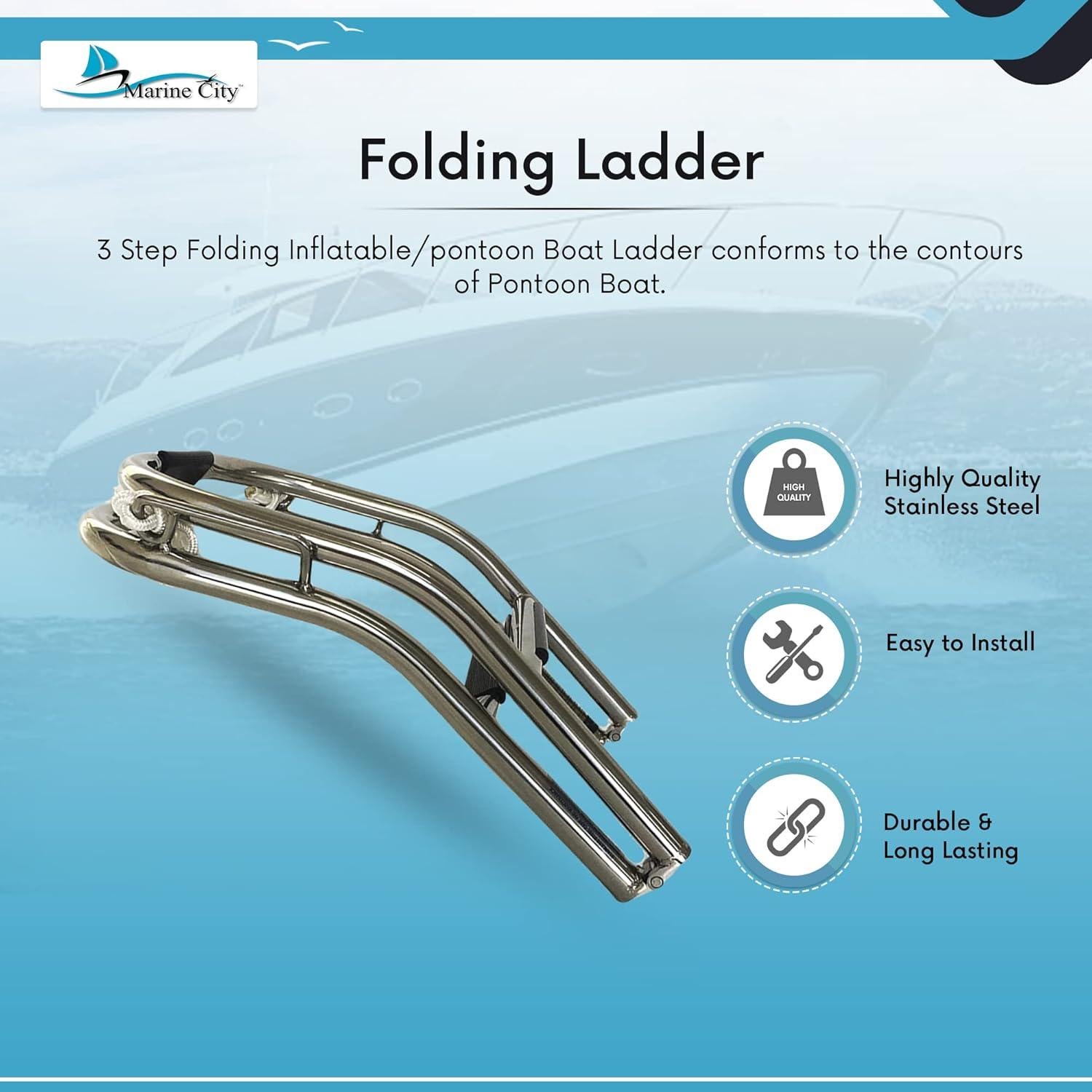 Escalera Plegable 3 Escalones Marine City Acero Inoxidable