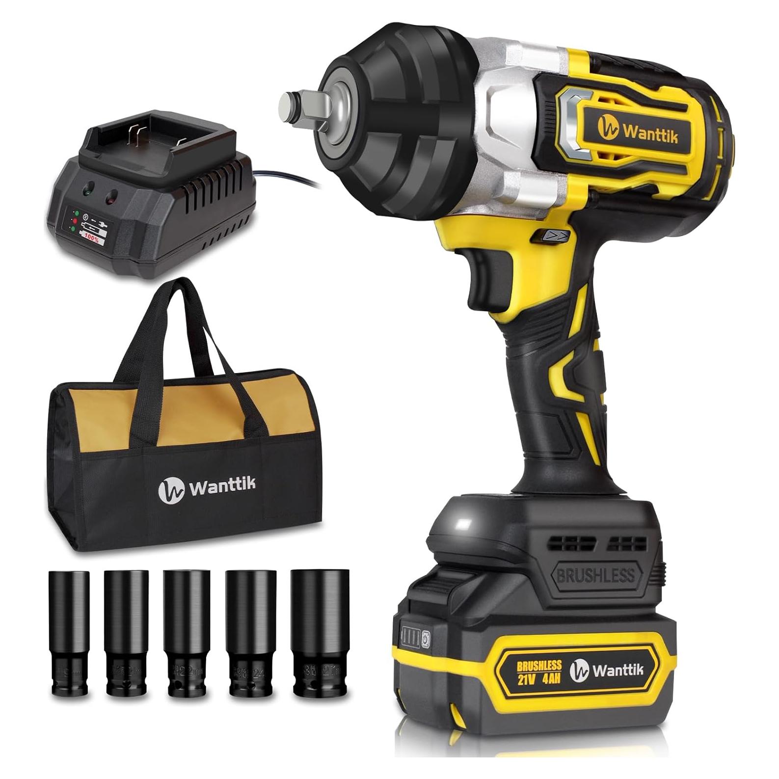Cordless Impact Wrench 1/2 Inch, 1000 Ft-lbs High Torque, 21V Brushless Impact Gun w/ 4.0 Ah Battery, Fast Charger, 5 Sockets and Tool Bag