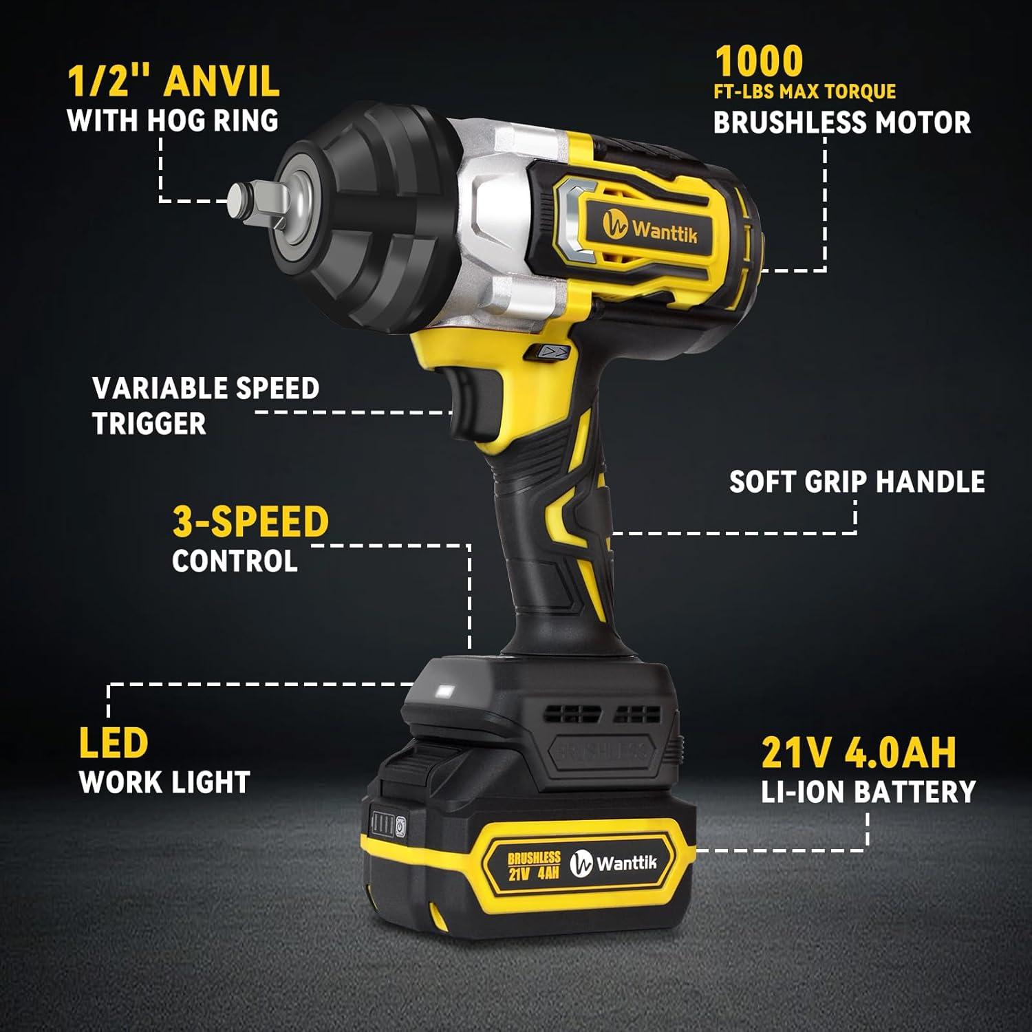 Cordless Impact Wrench 1/2 Inch, 1000 Ft-lbs High Torque, 21V Brushless Impact Gun w/ 4.0 Ah Battery, Fast Charger, 5 Sockets and Tool Bag