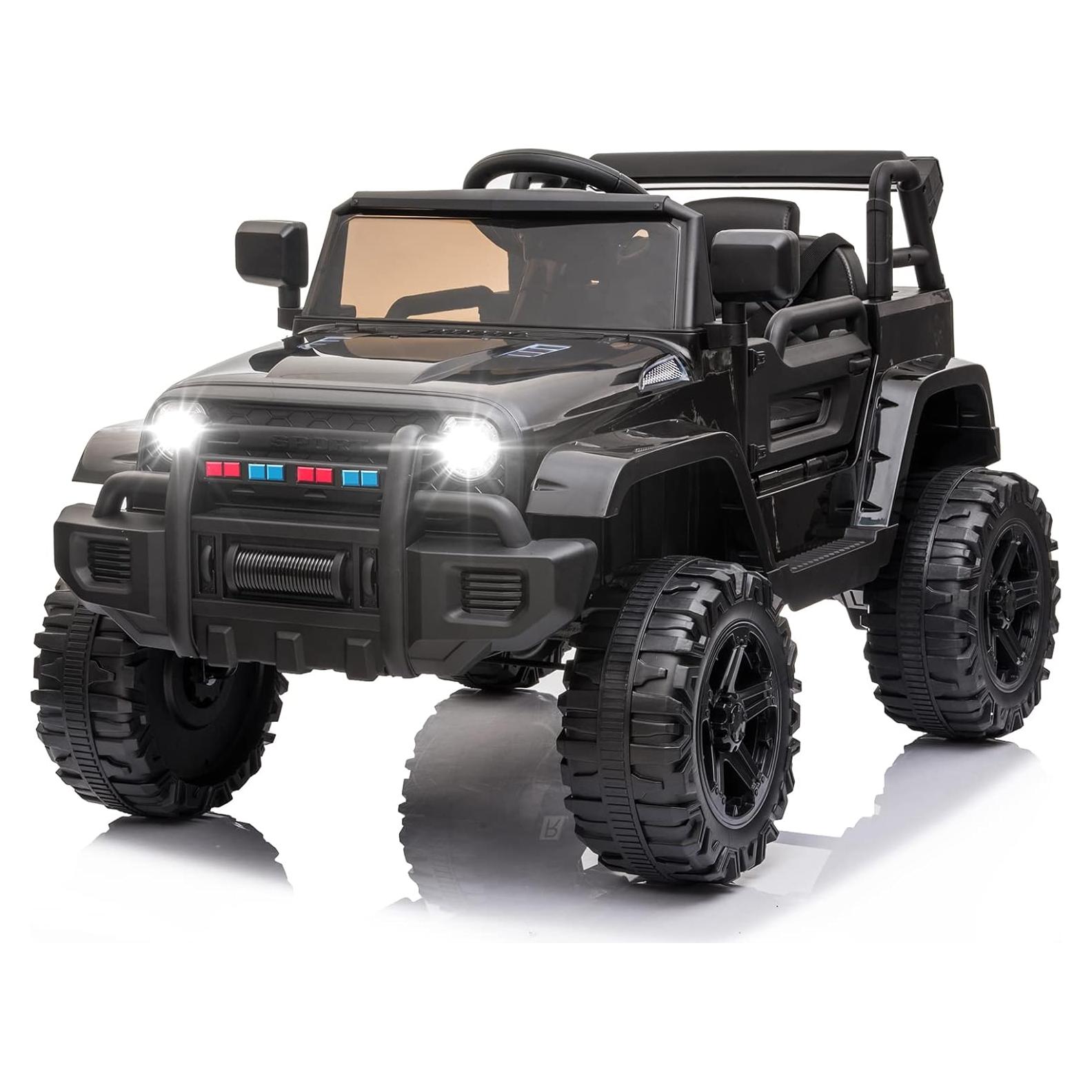 JOYMOR Ride on Truck with Remote Control, 4 Wheels 12V Battery Powered Kids Car, with LED Headlight/Horn Button/ MP3 Player/USB Port/Forward Backward/Kids Girl Boy (Black)