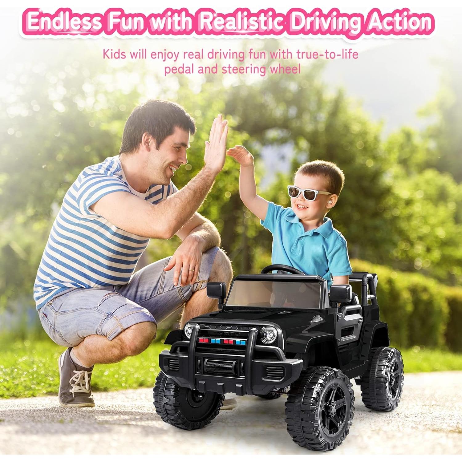 JOYMOR Ride on Truck with Remote Control, 4 Wheels 12V Battery Powered Kids Car, with LED Headlight/Horn Button/ MP3 Player/USB Port/Forward Backward/Kids Girl Boy (Black)