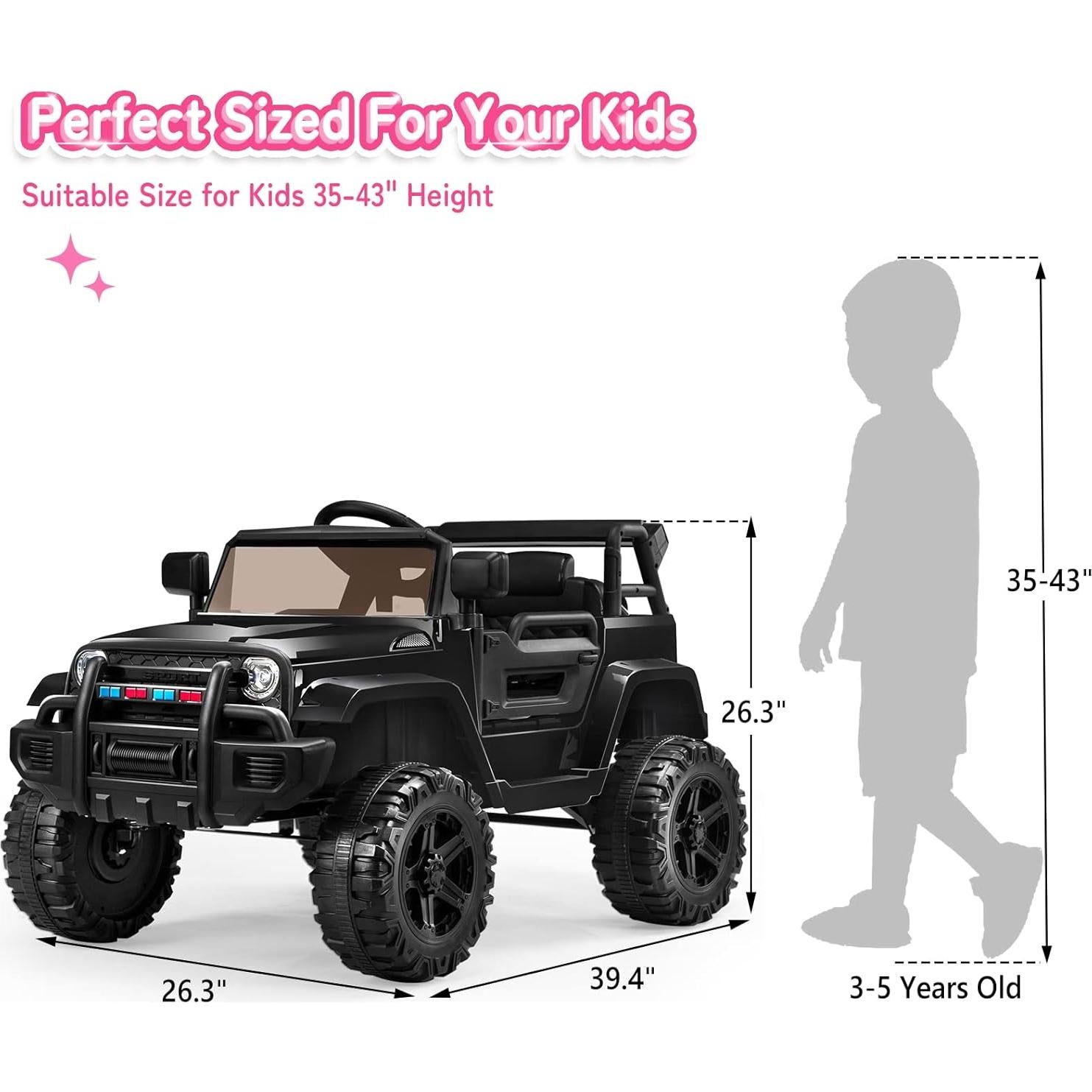 JOYMOR Ride on Truck with Remote Control, 4 Wheels 12V Battery Powered Kids Car, with LED Headlight/Horn Button/ MP3 Player/USB Port/Forward Backward/Kids Girl Boy (Black)