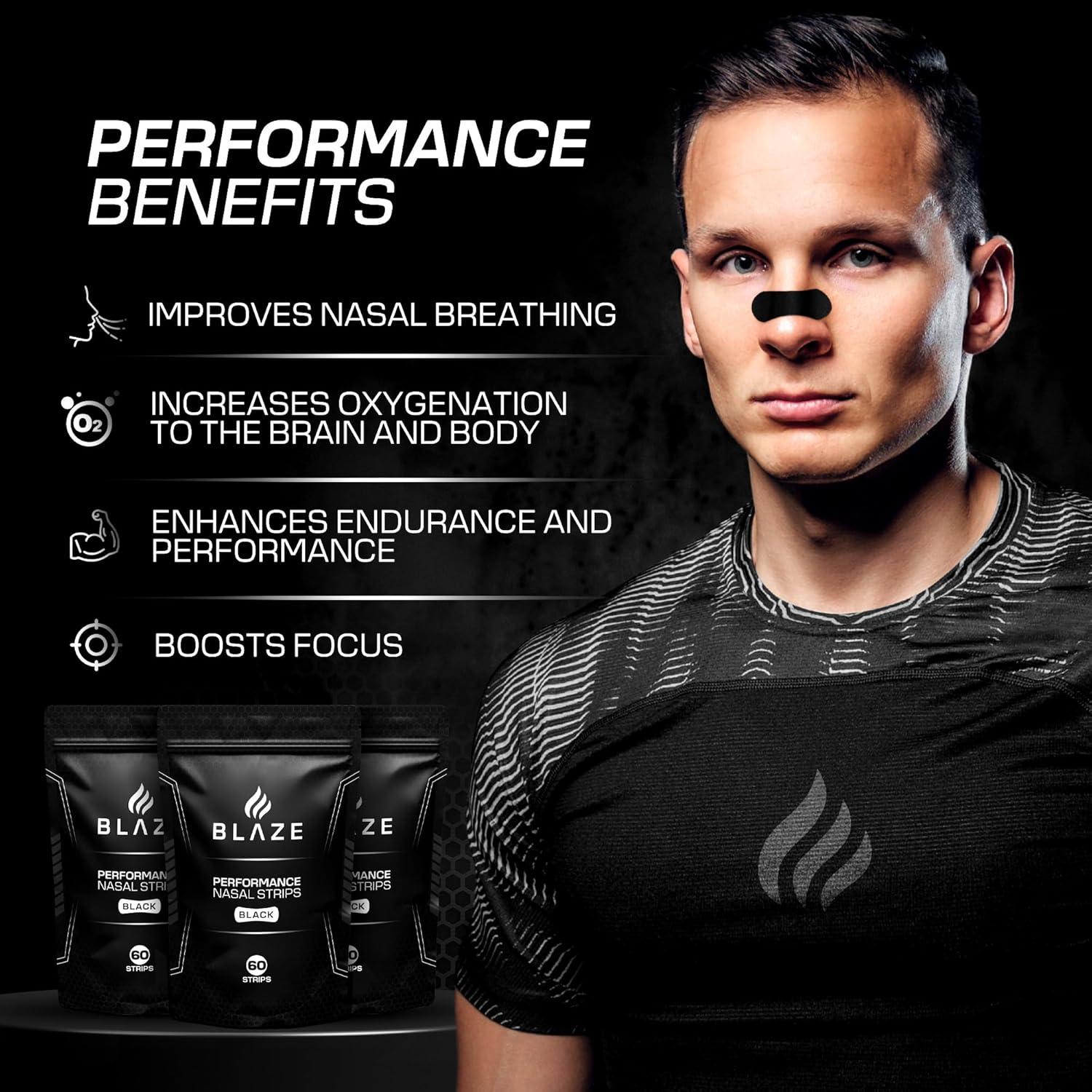 Performance Nose Strips for Breathing (60 Count) - Oil & Sweat Proof Adhesive - Athletic Nasal Strips for Snoring & Sleeping - Black, Wide Body, Universal Fit, Extra Strength
