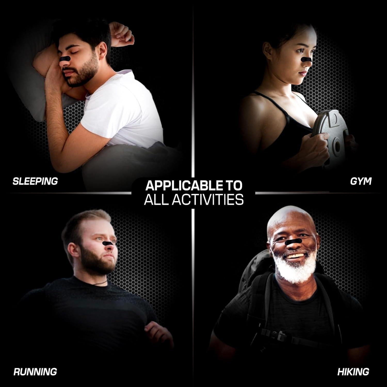 Performance Nose Strips for Breathing (60 Count) - Oil & Sweat Proof Adhesive - Athletic Nasal Strips for Snoring & Sleeping - Black, Wide Body, Universal Fit, Extra Strength