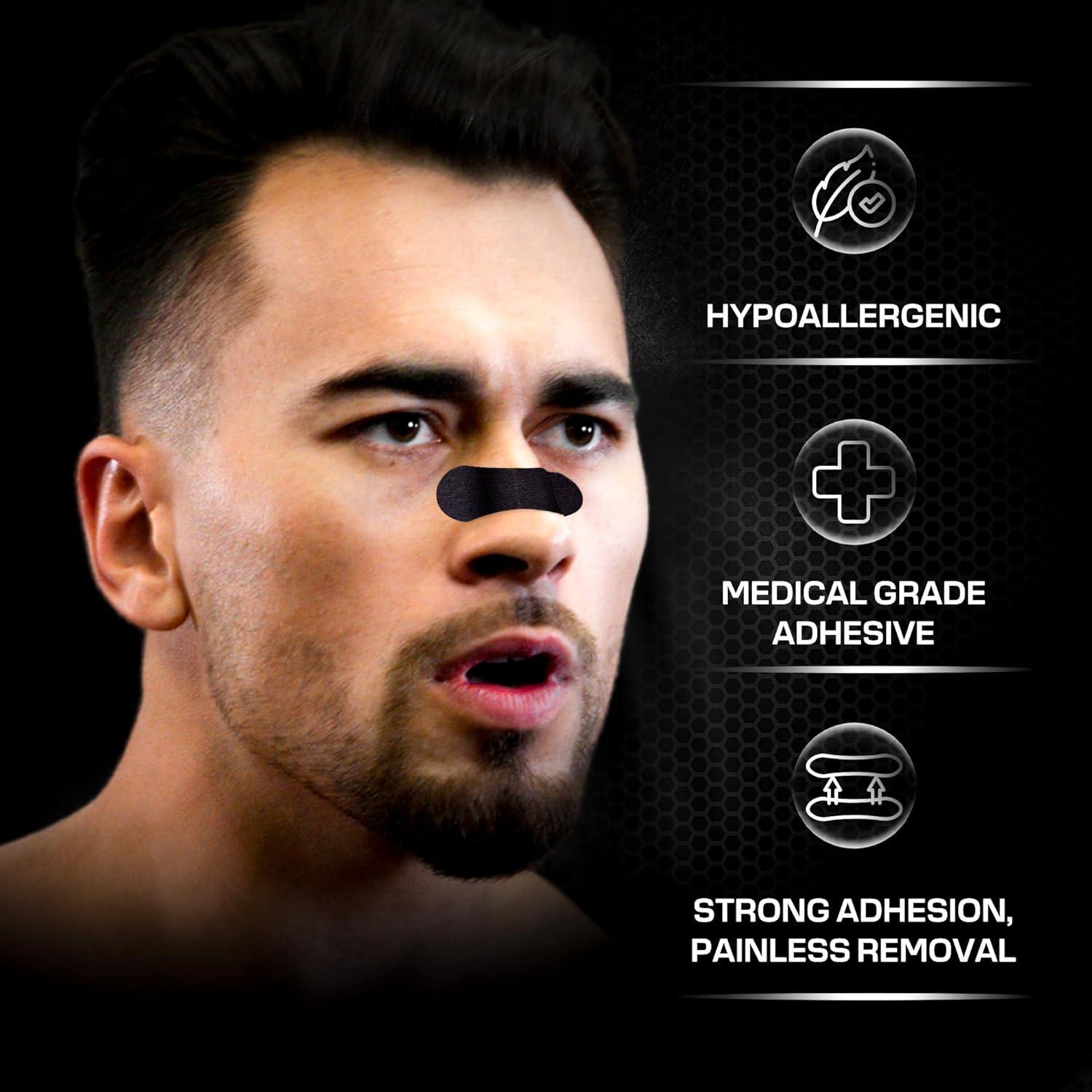 Performance Nose Strips for Breathing (60 Count) - Oil & Sweat Proof Adhesive - Athletic Nasal Strips for Snoring & Sleeping - Black, Wide Body, Universal Fit, Extra Strength
