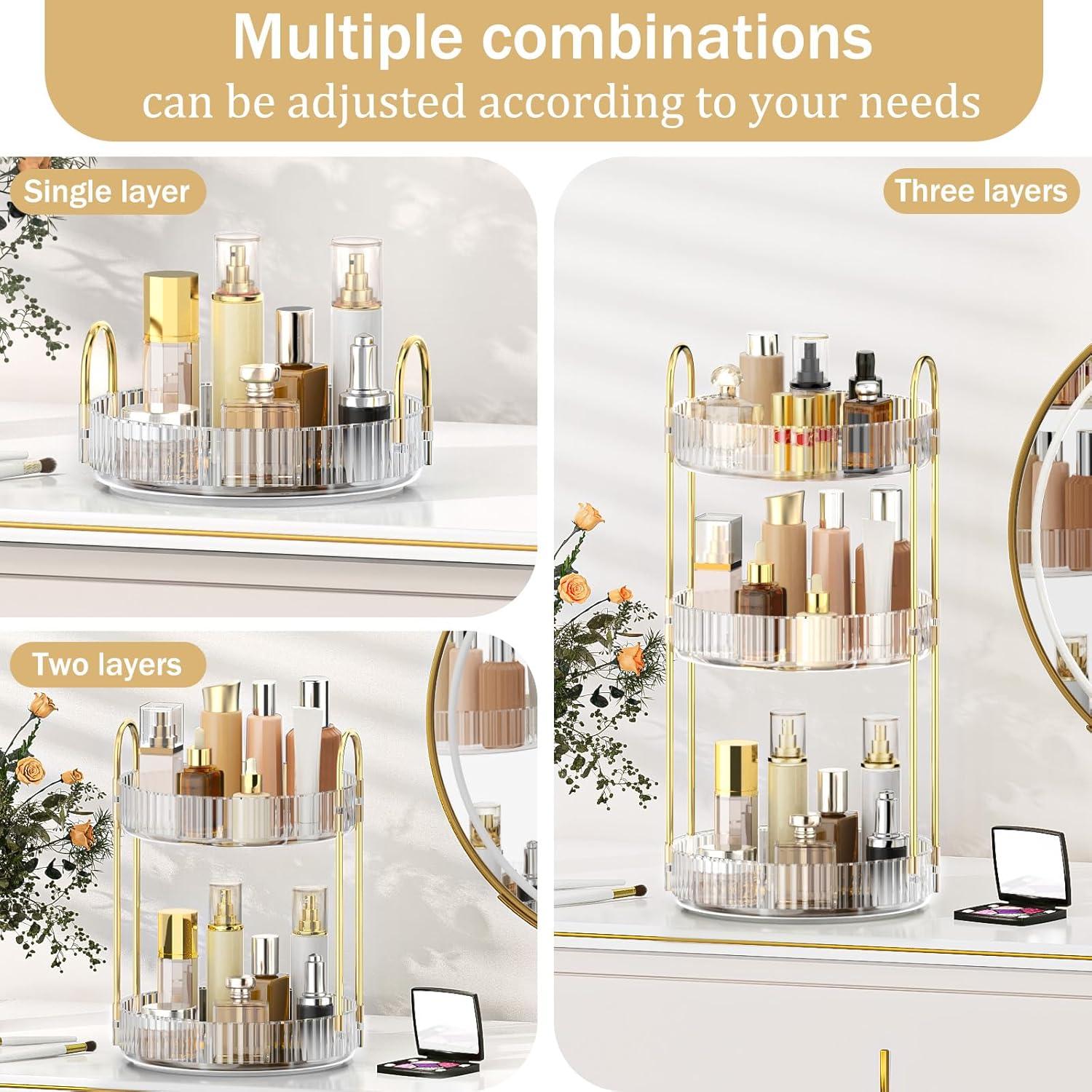 MOKANI 360 Rotating Makeup Organizer for Vanity, 3 Tier Adjustable Perfume Organizer for Dresser, Multi-Function Spinning Cosmetics Skincare Storage for Bedroom, Dresser, Countertop, Clear