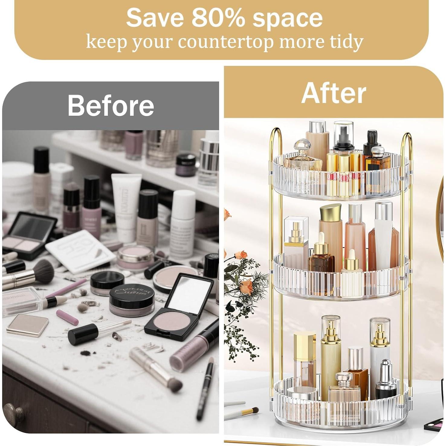 MOKANI 360 Rotating Makeup Organizer for Vanity, 3 Tier Adjustable Perfume Organizer for Dresser, Multi-Function Spinning Cosmetics Skincare Storage for Bedroom, Dresser, Countertop, Clear