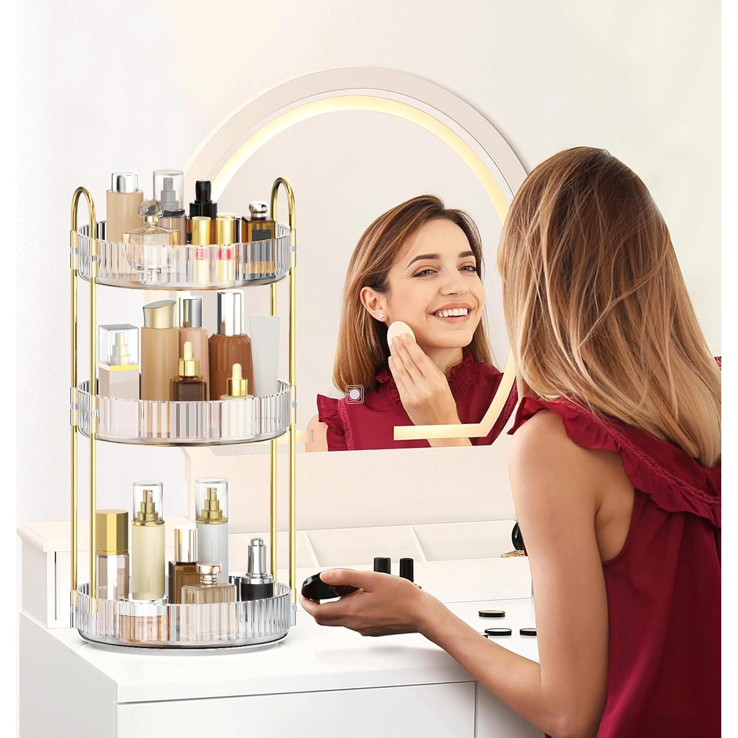 MOKANI 360 Rotating Makeup Organizer for Vanity, 3 Tier Adjustable Perfume Organizer for Dresser, Multi-Function Spinning Cosmetics Skincare Storage for Bedroom, Dresser, Countertop, Clear