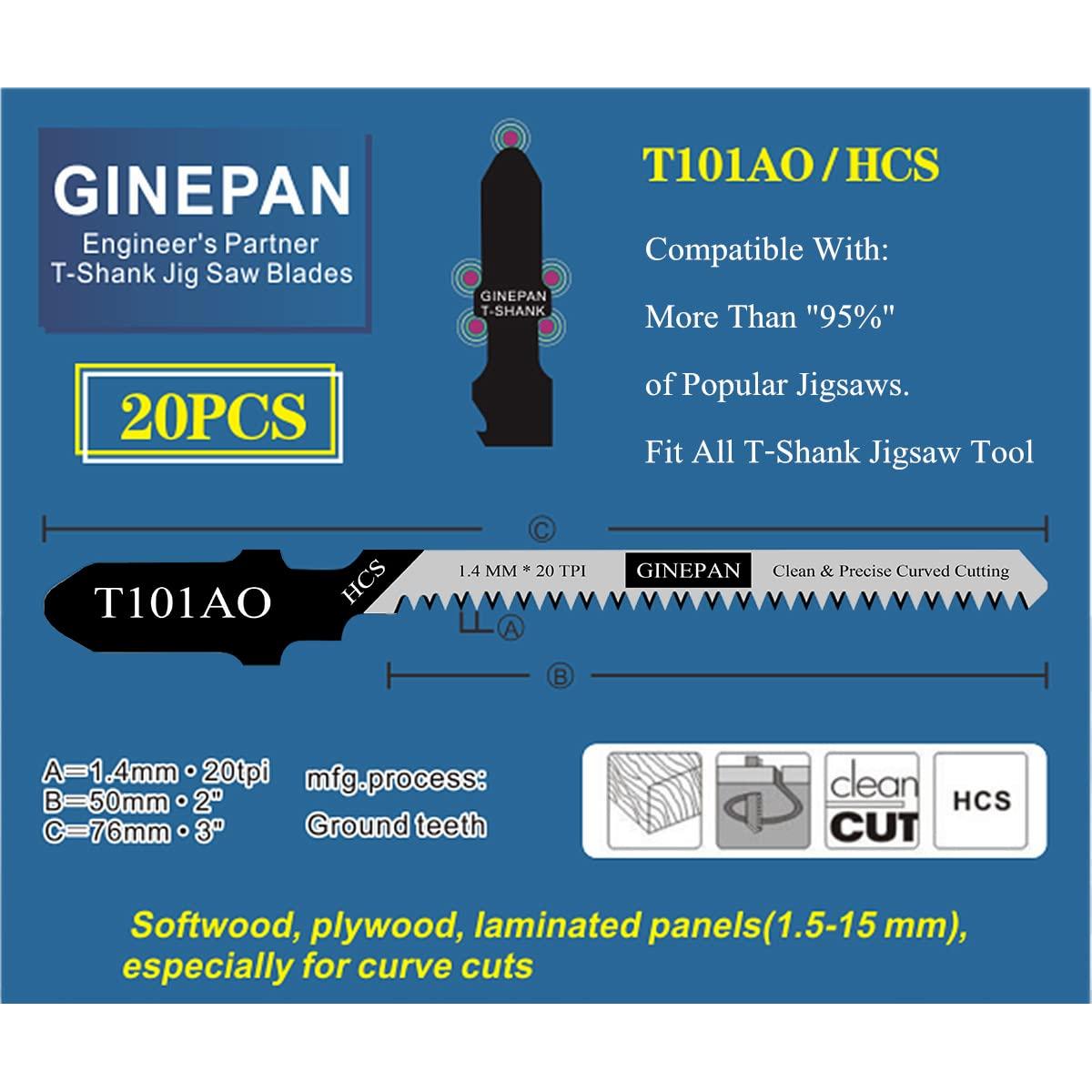 Cuchillas de sierra de calar T Shank GINEPAN T101AO 20PCS