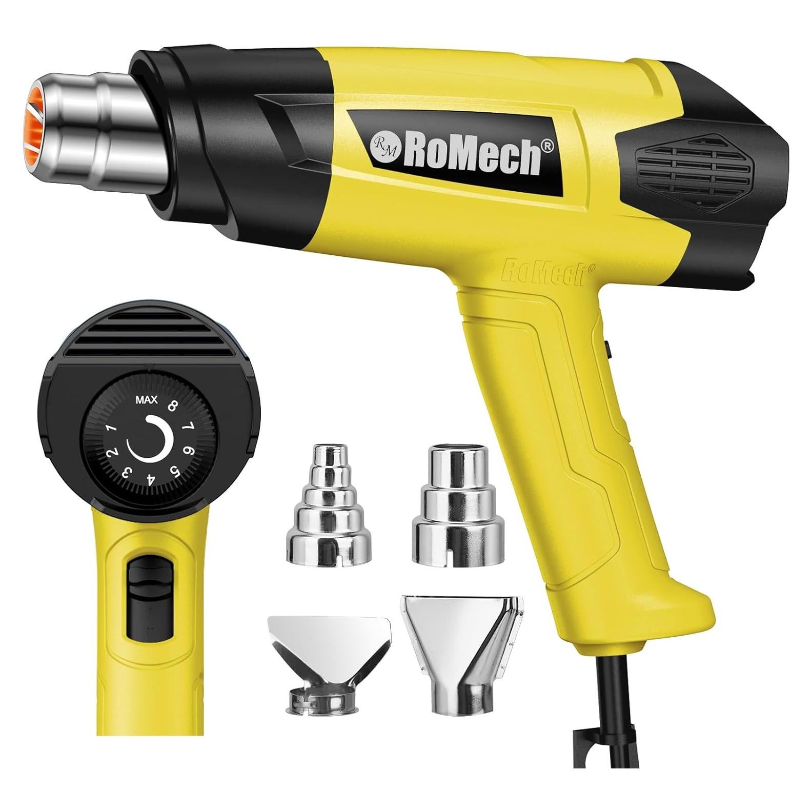 ROMECH Heat Gun, Heavy Duty Fast Heating, Variable Control 120°F~1200°F (50℃-500℃) 4 Nozzles Heat Gun for Crafting, Shrink Tubing,Vinyl Wrap(Yellow)