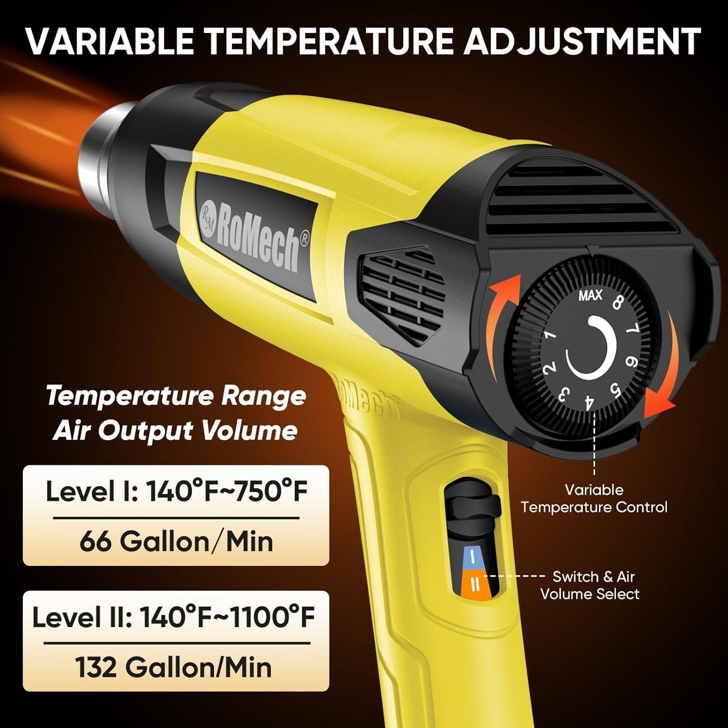 ROMECH Heat Gun, Heavy Duty Fast Heating, Variable Control 120°F~1200°F (50℃-500℃) 4 Nozzles Heat Gun for Crafting, Shrink Tubing,Vinyl Wrap(Yellow)