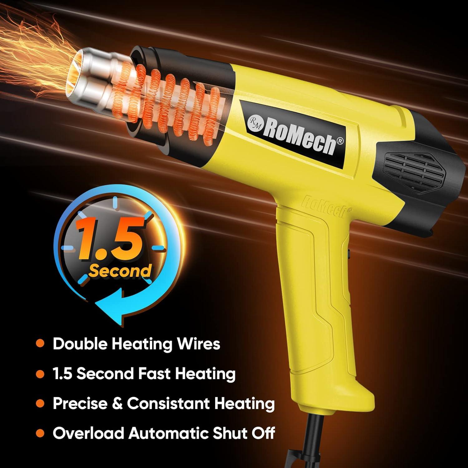 ROMECH Heat Gun, Heavy Duty Fast Heating, Variable Control 120°F~1200°F (50℃-500℃) 4 Nozzles Heat Gun for Crafting, Shrink Tubing,Vinyl Wrap(Yellow)