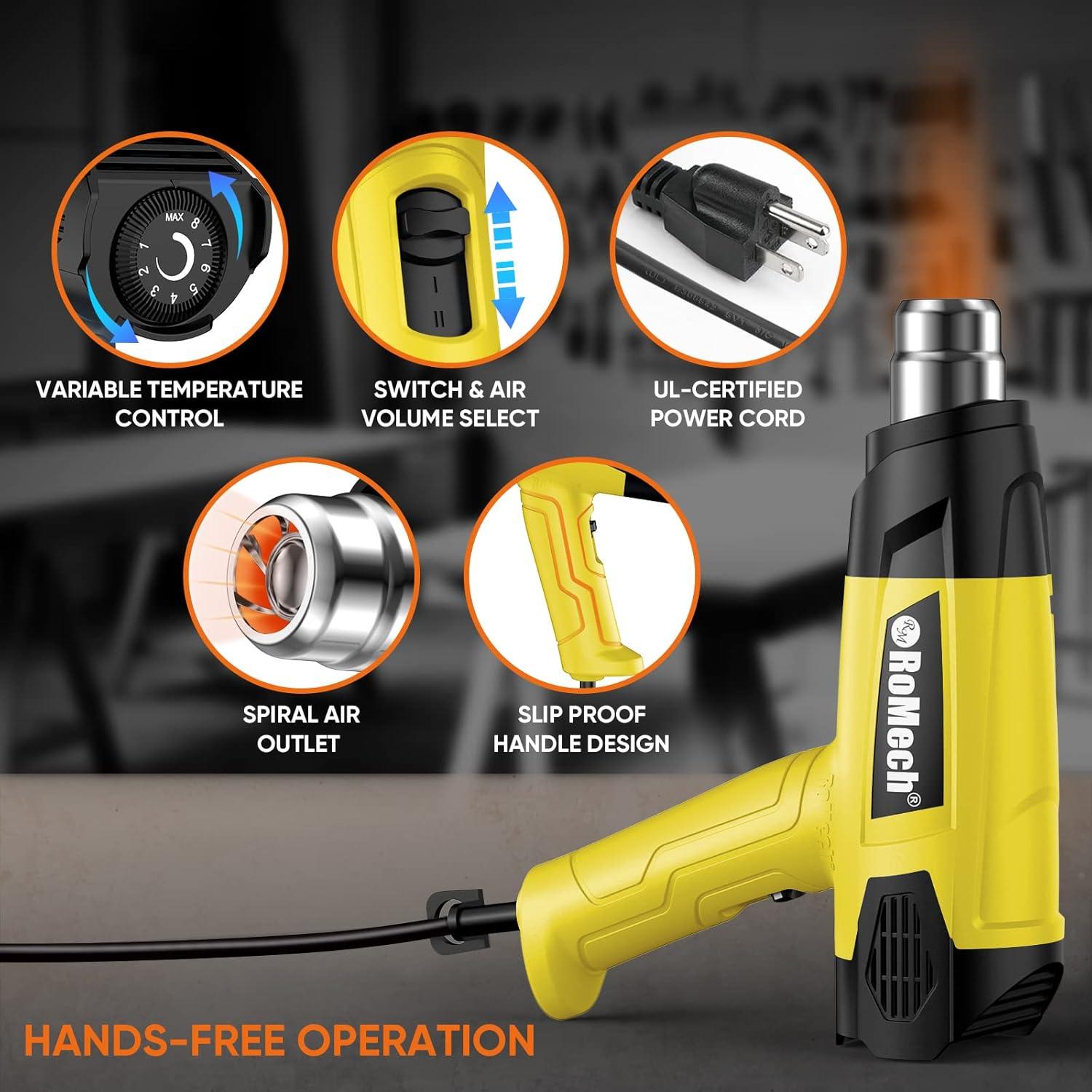 ROMECH Heat Gun, Heavy Duty Fast Heating, Variable Control 120°F~1200°F (50℃-500℃) 4 Nozzles Heat Gun for Crafting, Shrink Tubing,Vinyl Wrap(Yellow)