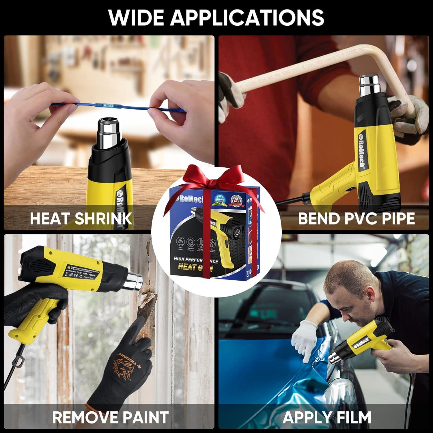 ROMECH Heat Gun, Heavy Duty Fast Heating, Variable Control 120°F~1200°F (50℃-500℃) 4 Nozzles Heat Gun for Crafting, Shrink Tubing,Vinyl Wrap(Yellow)