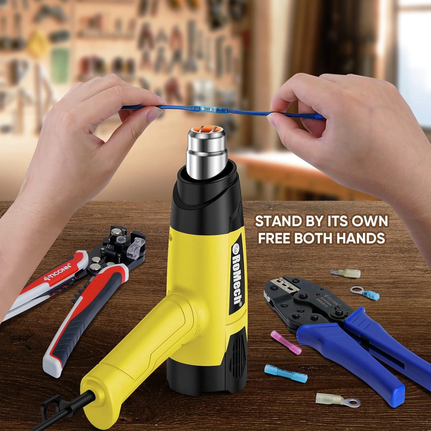 ROMECH Heat Gun, Heavy Duty Fast Heating, Variable Control 120°F~1200°F (50℃-500℃) 4 Nozzles Heat Gun for Crafting, Shrink Tubing,Vinyl Wrap(Yellow)