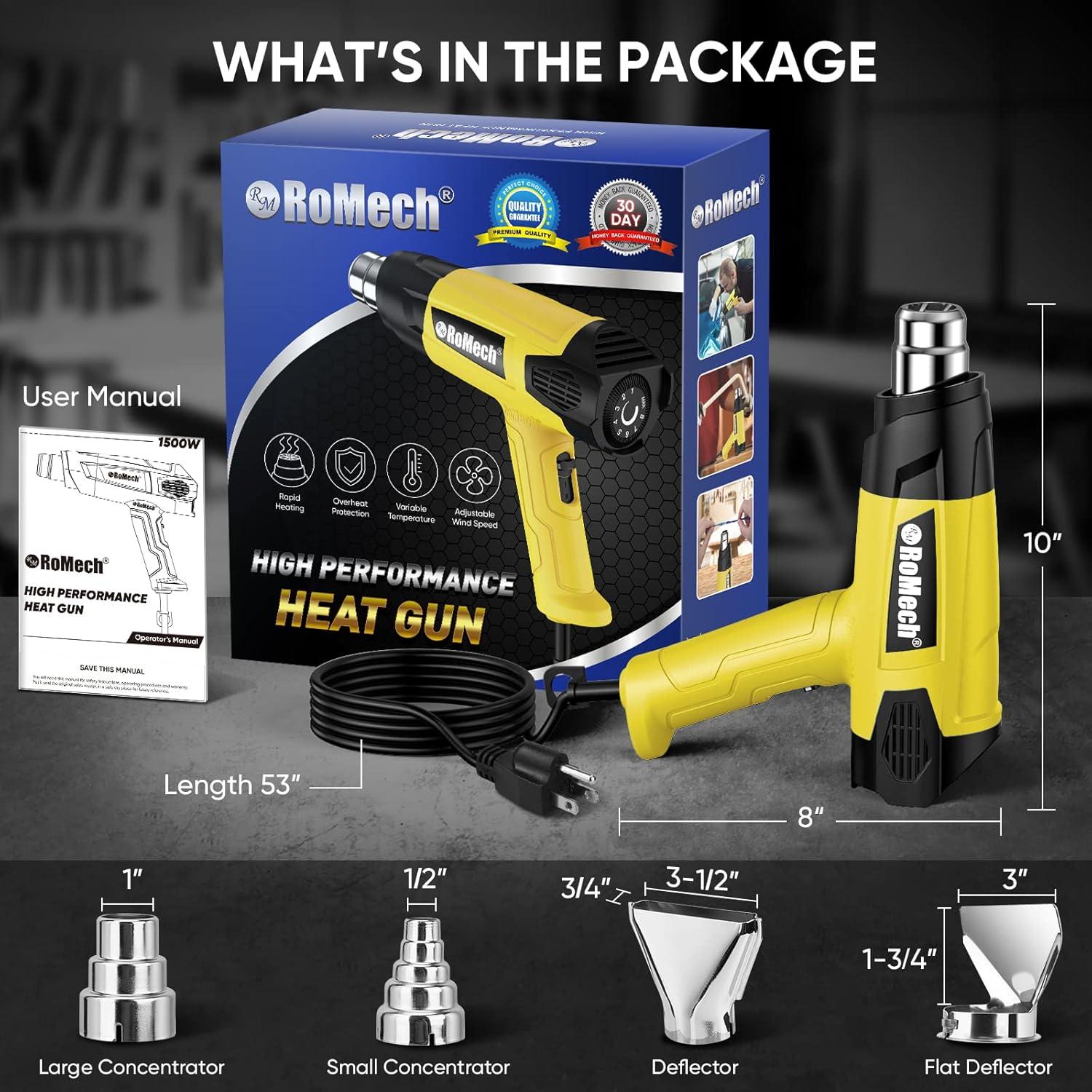 ROMECH Heat Gun, Heavy Duty Fast Heating, Variable Control 120°F~1200°F (50℃-500℃) 4 Nozzles Heat Gun for Crafting, Shrink Tubing,Vinyl Wrap(Yellow)