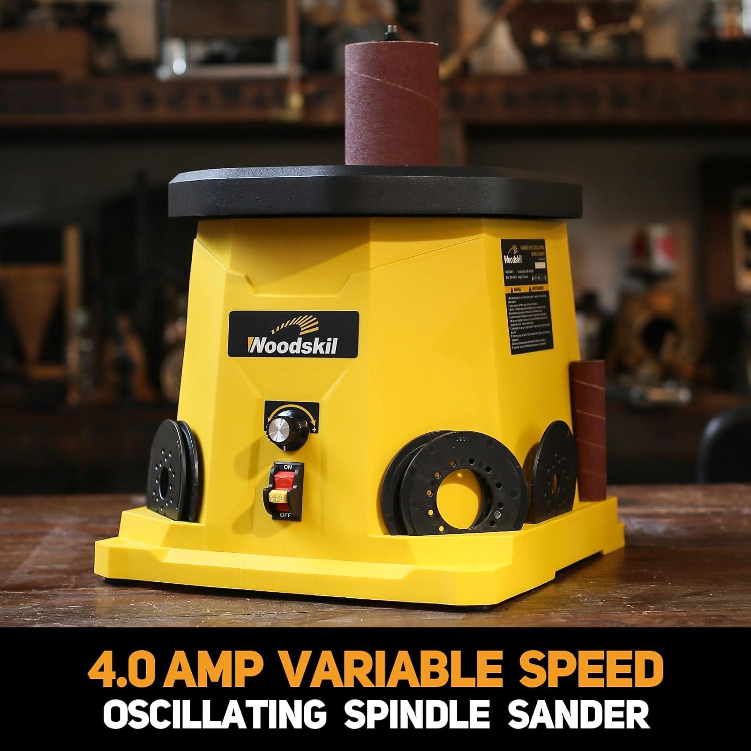 4A Variable Speed Oscillating Spindle Sander, 1000-1800RPM Variable Speed Spindle Sander with Multiple Sanding Sleeves, Efficient Dust Collection, and Compact Design for Woodworking Projects