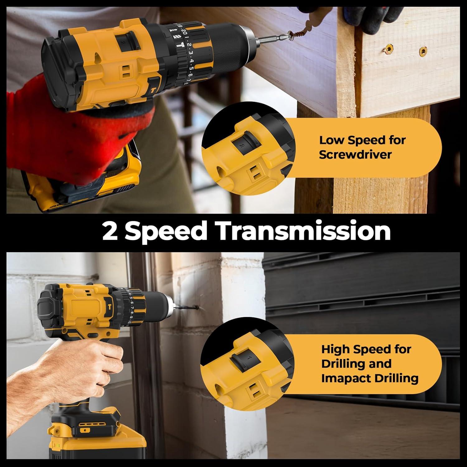 Hammer Drill Compatible with Dewalt 20V Max Battery(No Battery) Cordless Drill/Driver with Brushless Motor, 1/2" Keyless Metal Chuck,4pcs Bit for Drilling Brick Wall, Metal, Wood, Screws